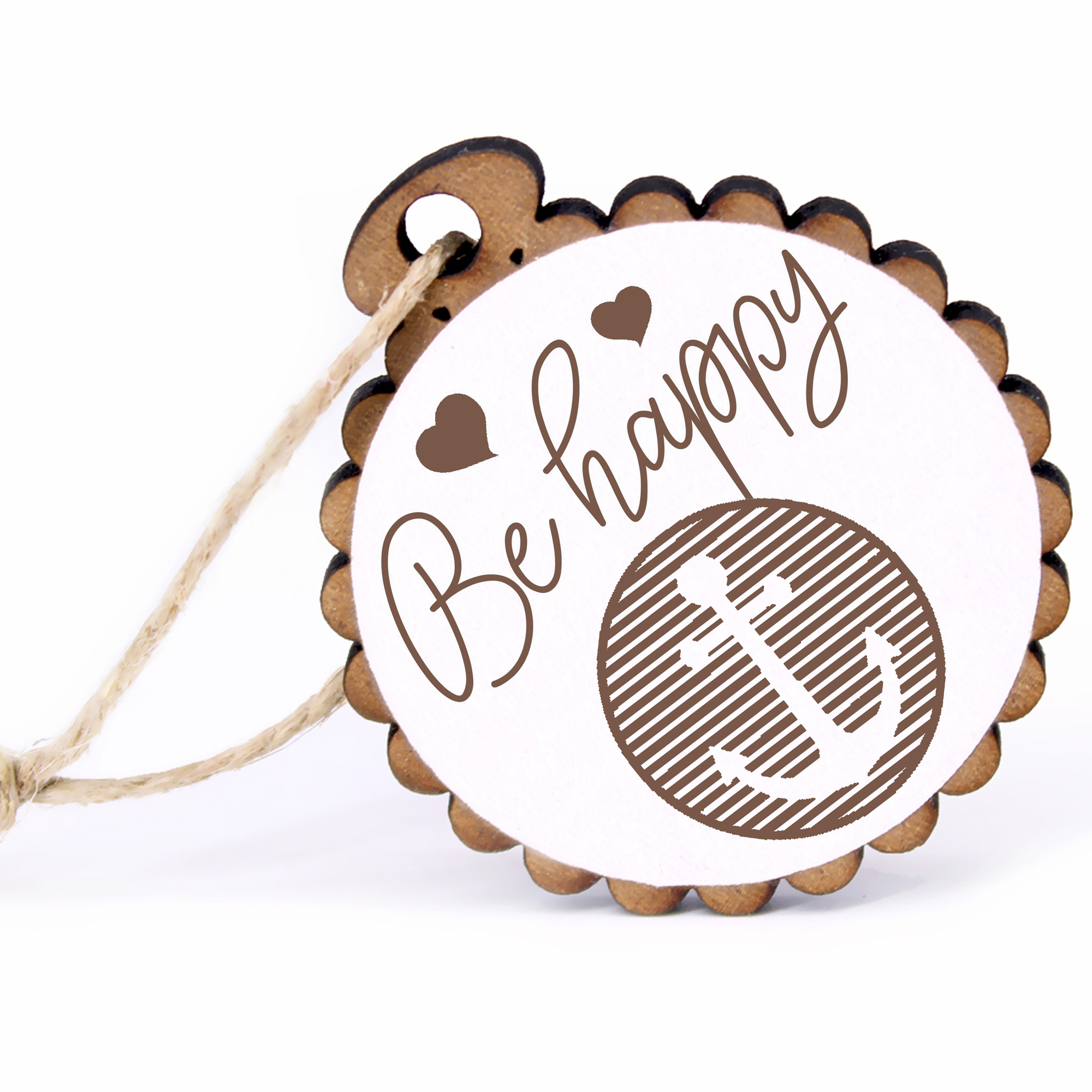 Geschenkanhänger - Be Happy Anker auf Patch -  Holz Ø-5cm - mit Juteband