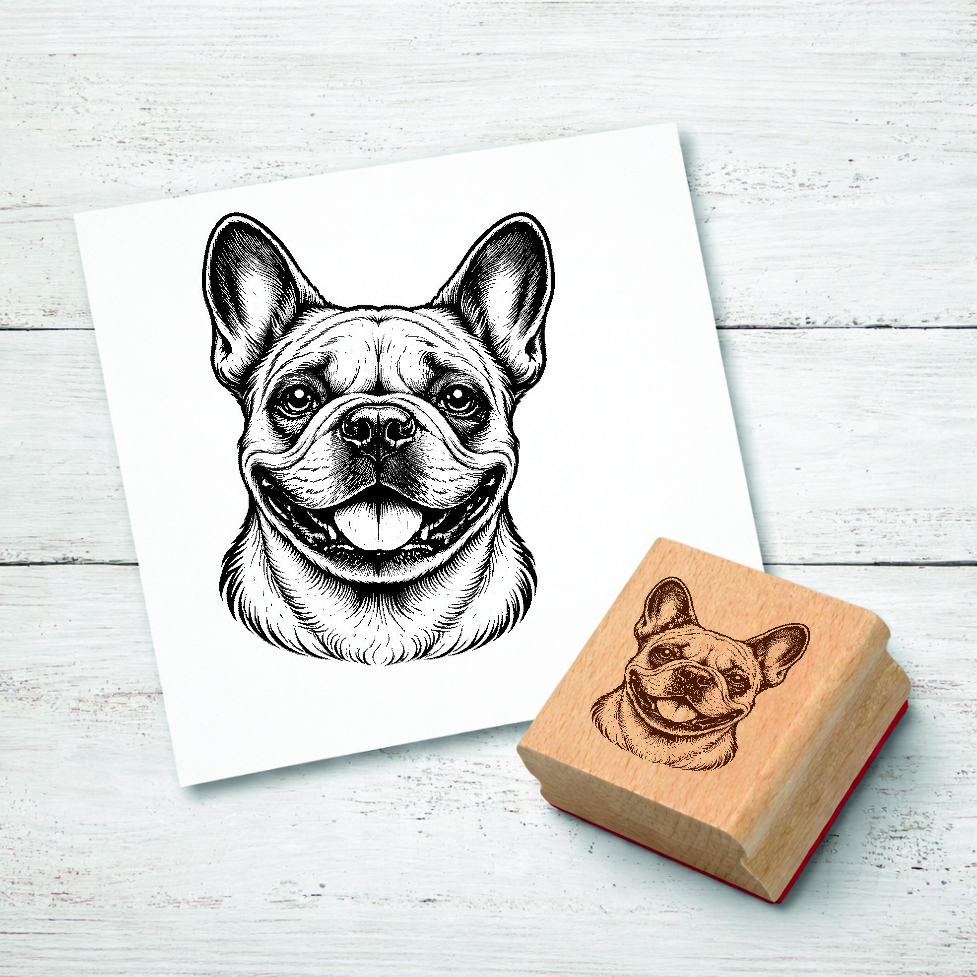 Motivstempel Französische Bulldogge Hund - Stempel mit Hundemotiv - Holzstempel Abdruck 38 x 48 mm