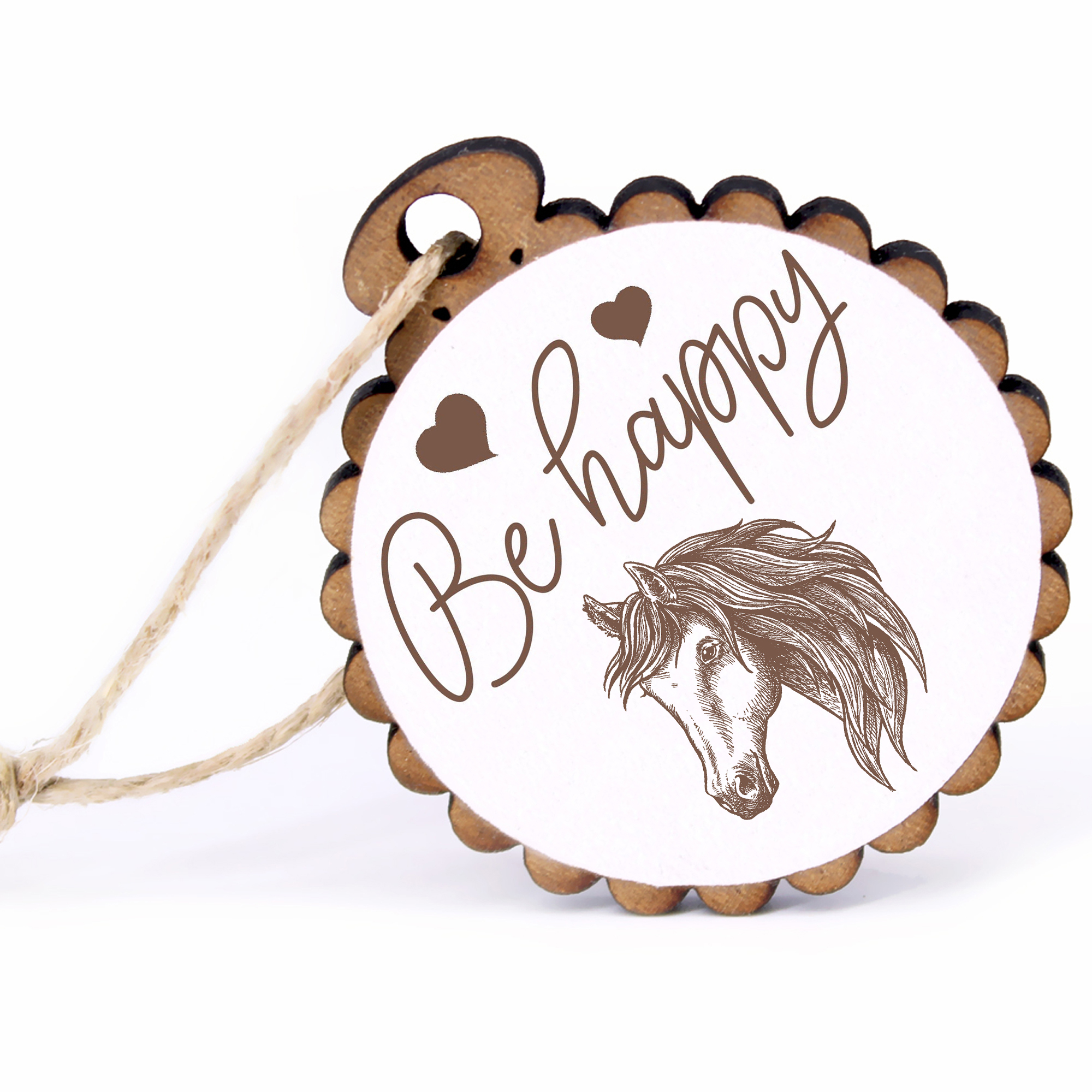 Geschenkanhänger - Be Happy Andalusier Pferd -  Holz Ø-5cm - mit Juteband