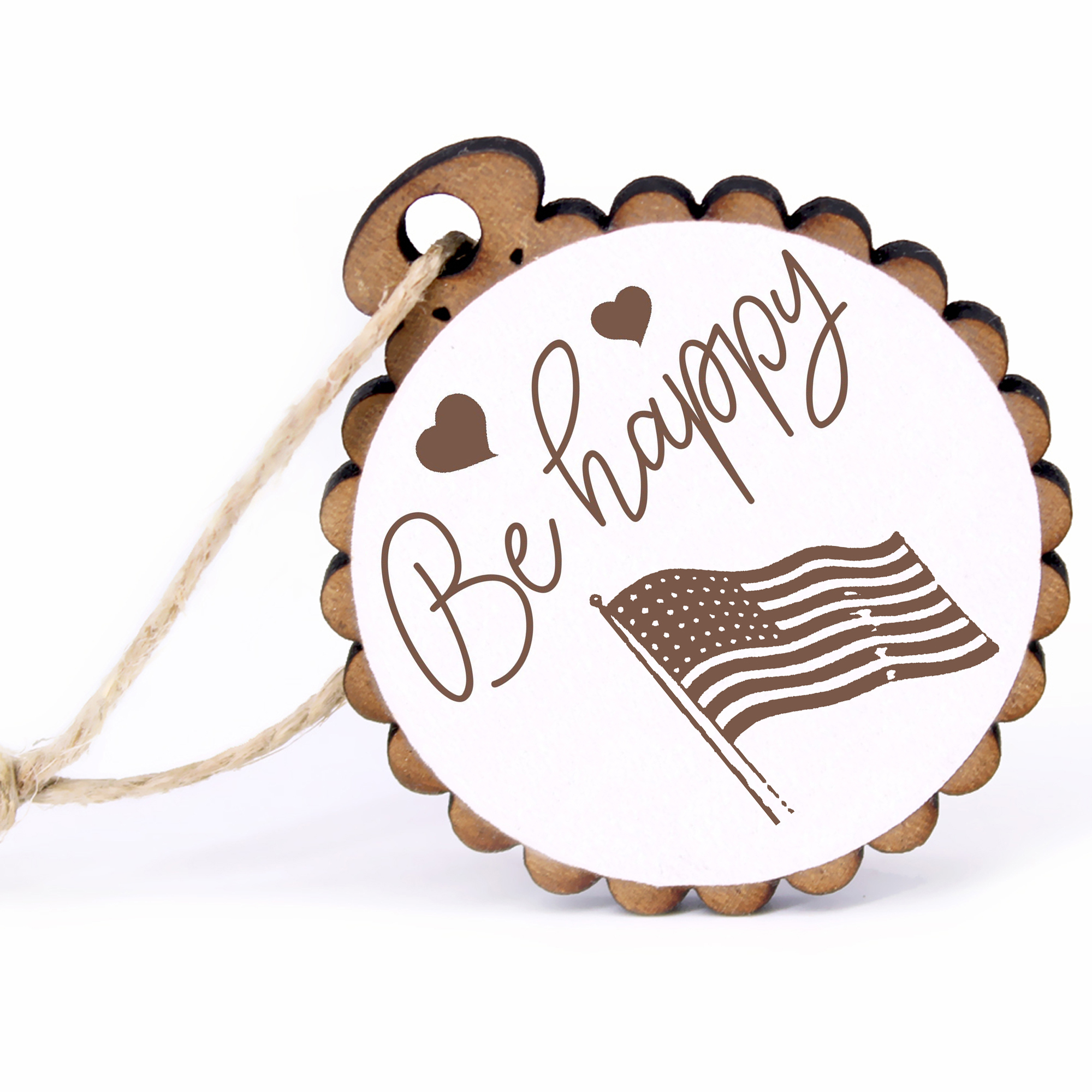 Geschenkanhänger - Be Happy Fahne Amerika -  Holz Ø-5cm - mit Juteband