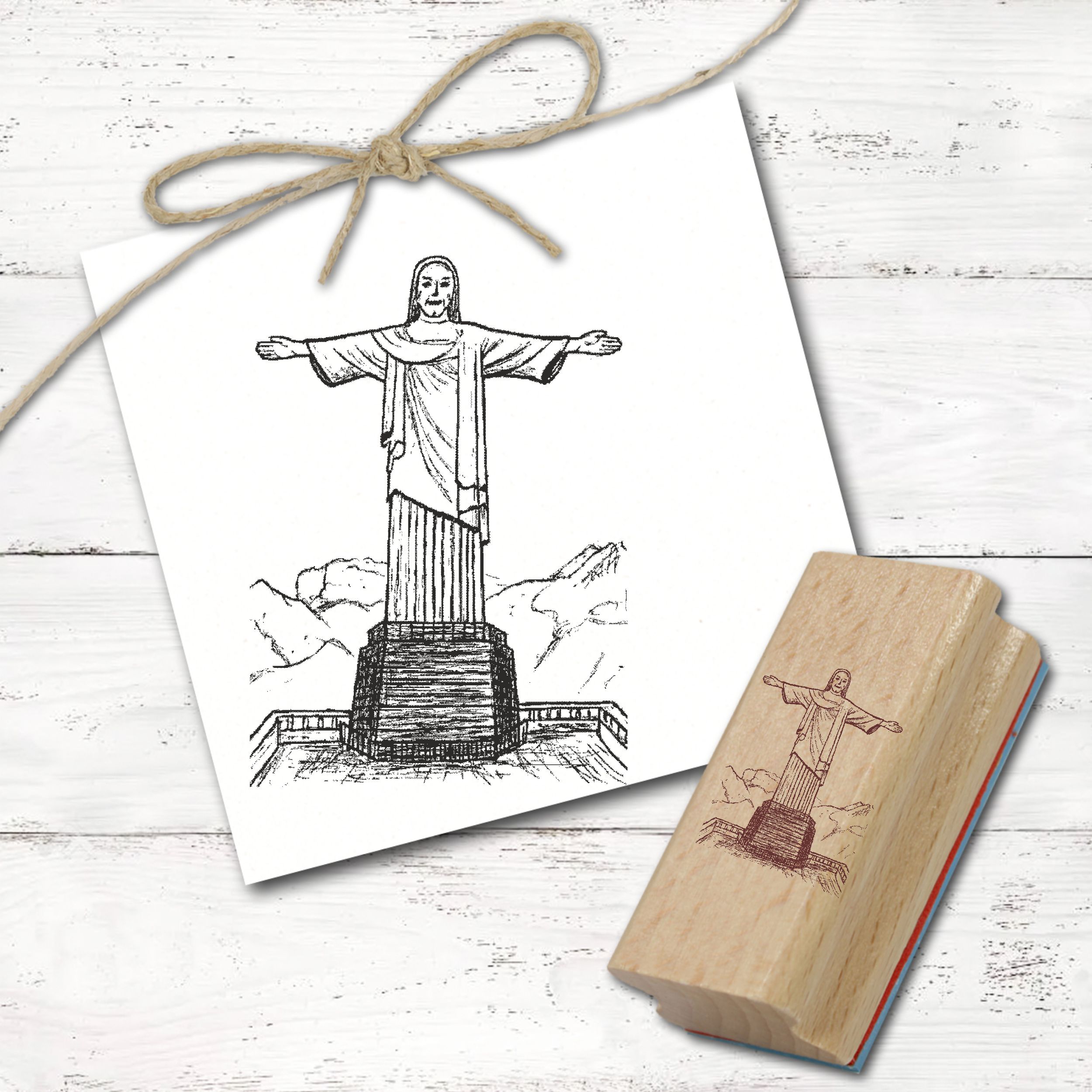 Motivstempel Christusstatue Cristo Redentor - Stempel Rio de Janeiro Holzstempel 48 mm x 68 mm