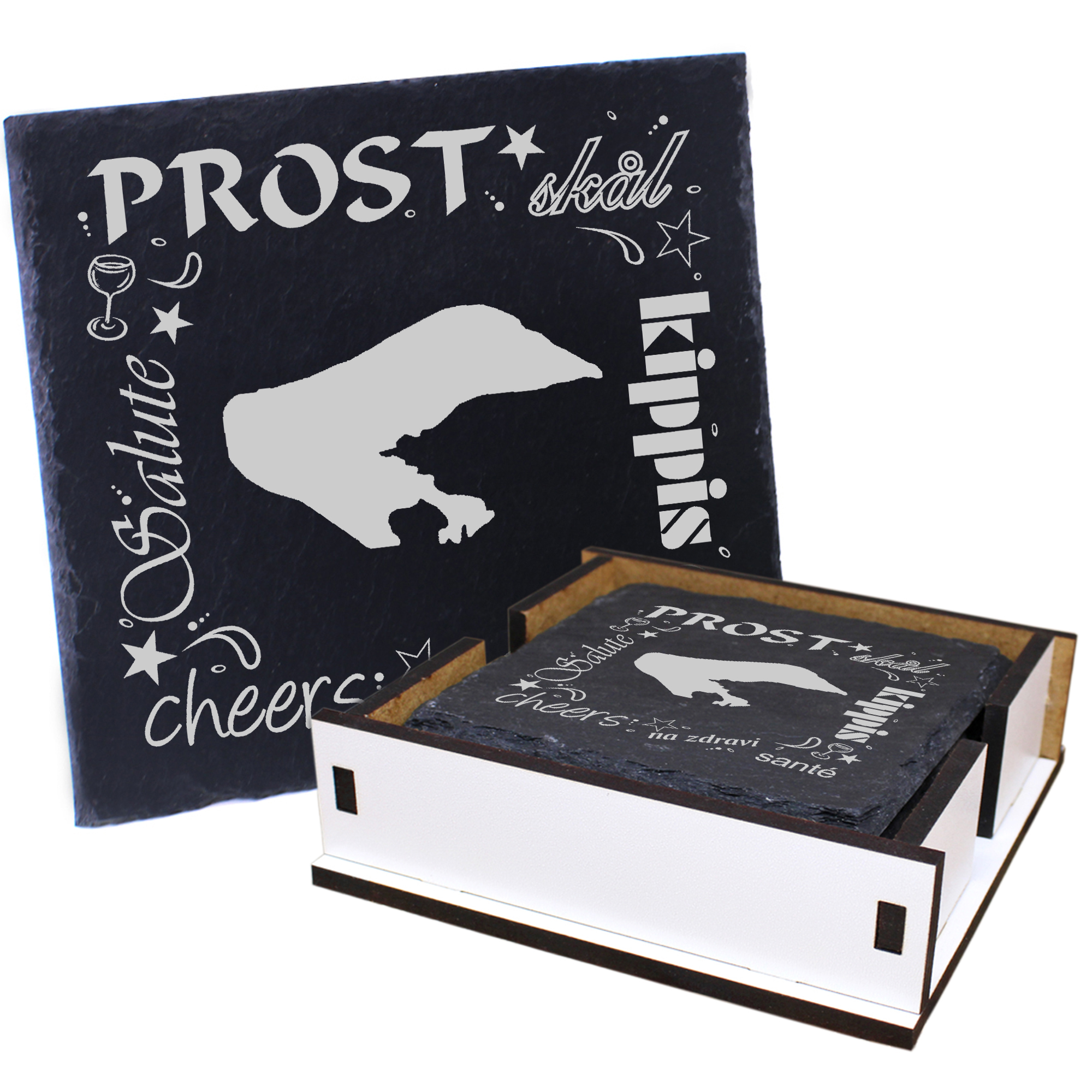 5 x Schiefer Untersetzer - Prost Insel Borkum - inkl. Holzbox & Flaschenuntersetzer