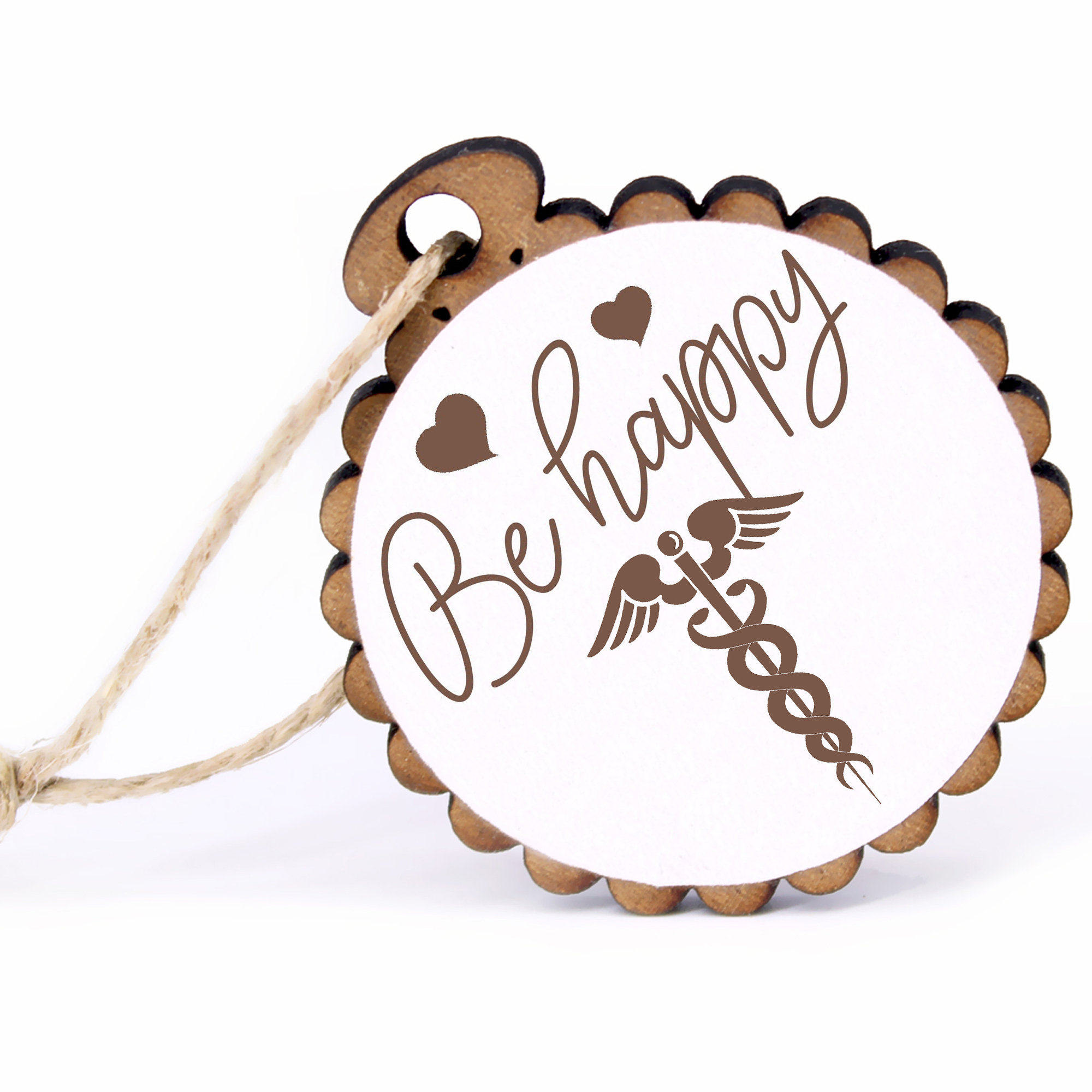 Geschenkanhänger - Be Happy Hermesstab -  Holz Ø-5cm - mit Juteband