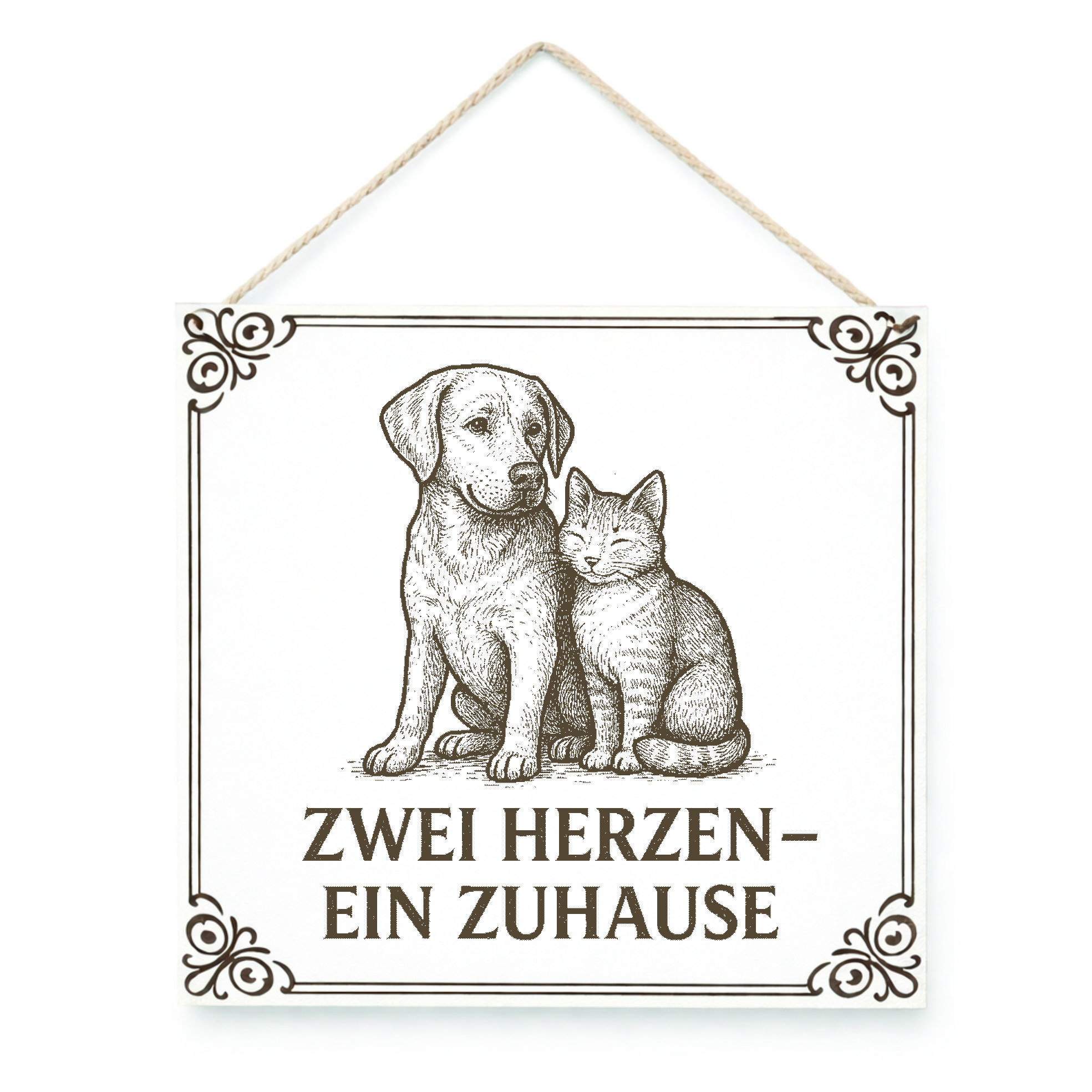Holzschild Hund & Katze Zwei Herzen – Ein Zuhause – Tierliebe Wanddeko aus HDF mit Lasergravur – Dekoschild für Tierliebhaber – 15 x 15 cm