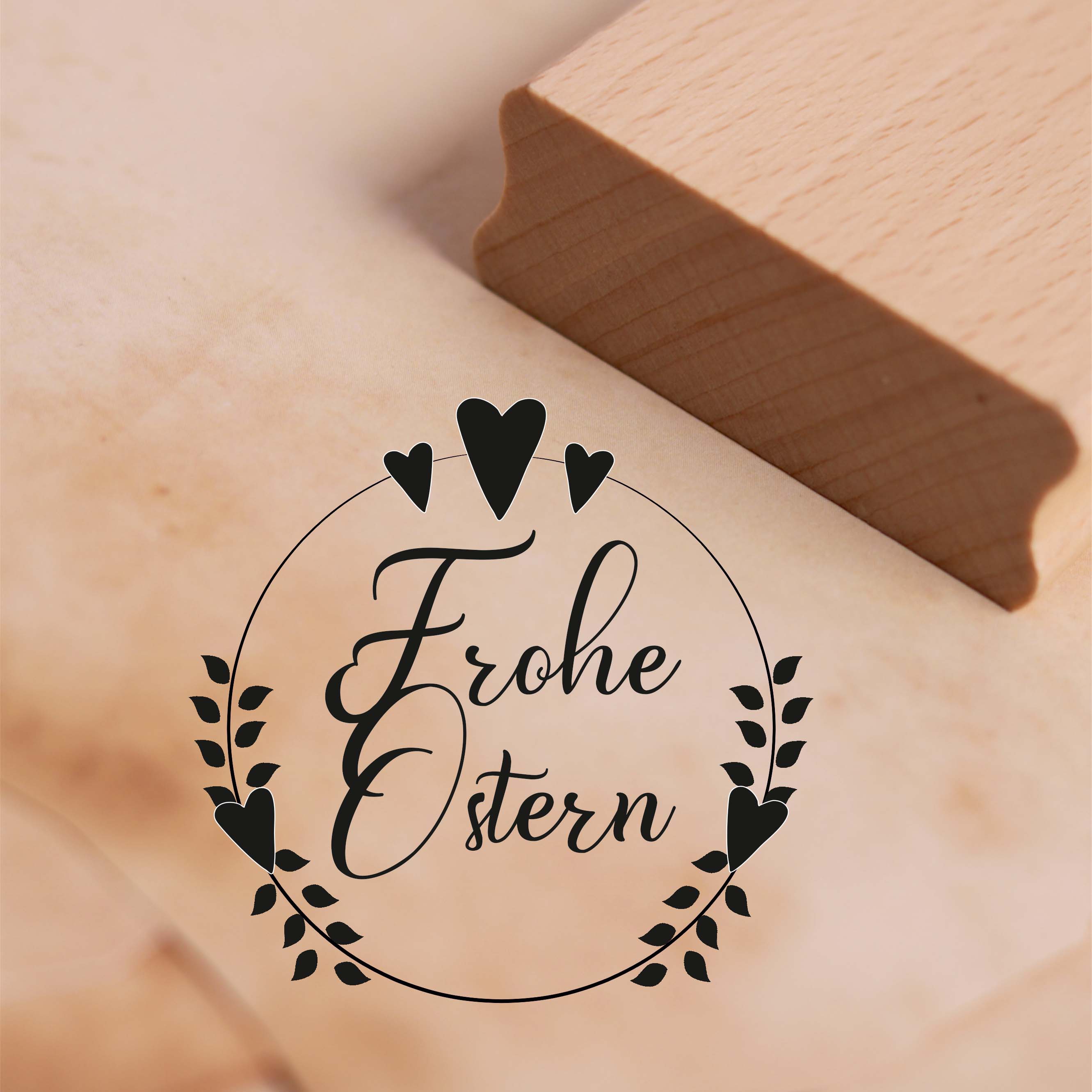 Motivstempel Frohe Ostern - Vintage Kranz mit Herzen Stempel 48 x 46 mm