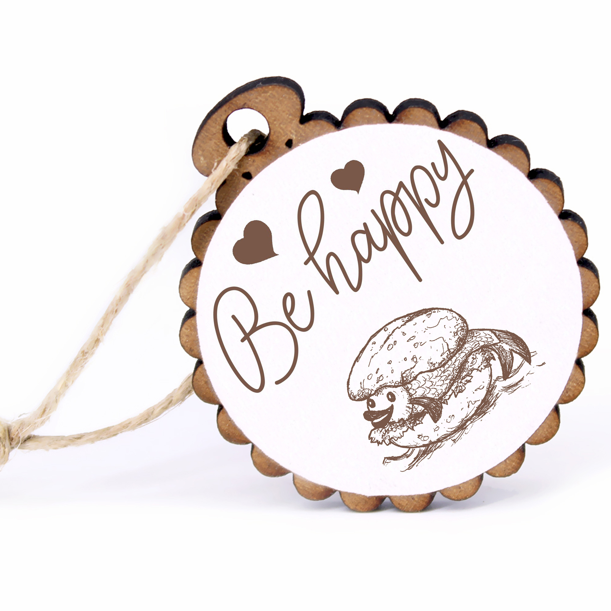 Geschenkanhänger - Be Happy lustiges Fischbrötchen -  Holz Ø-5cm - mit Juteband