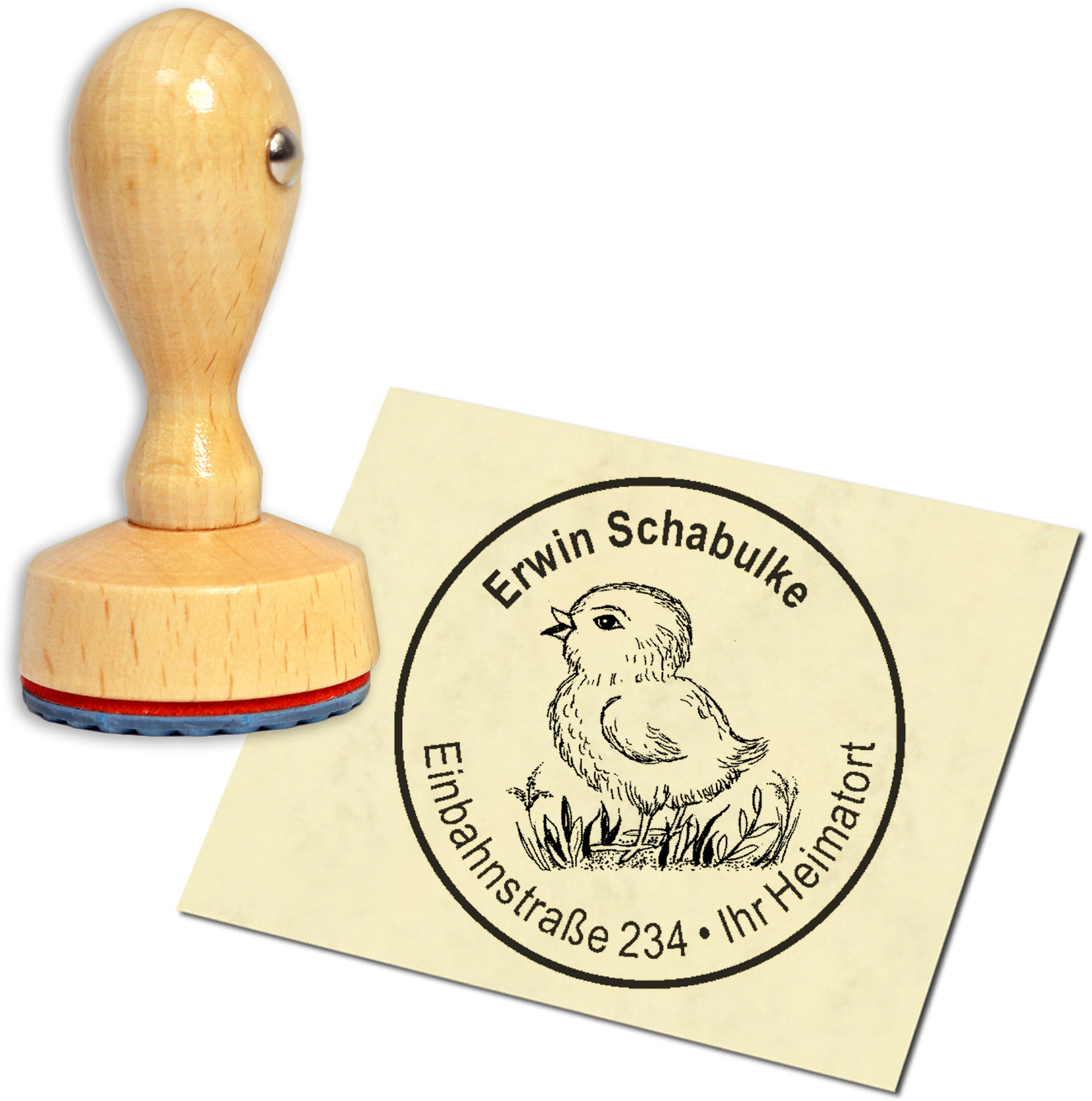 Stempel Adressstempel Holzstempel - niedlicher Spatz - rund 40mm