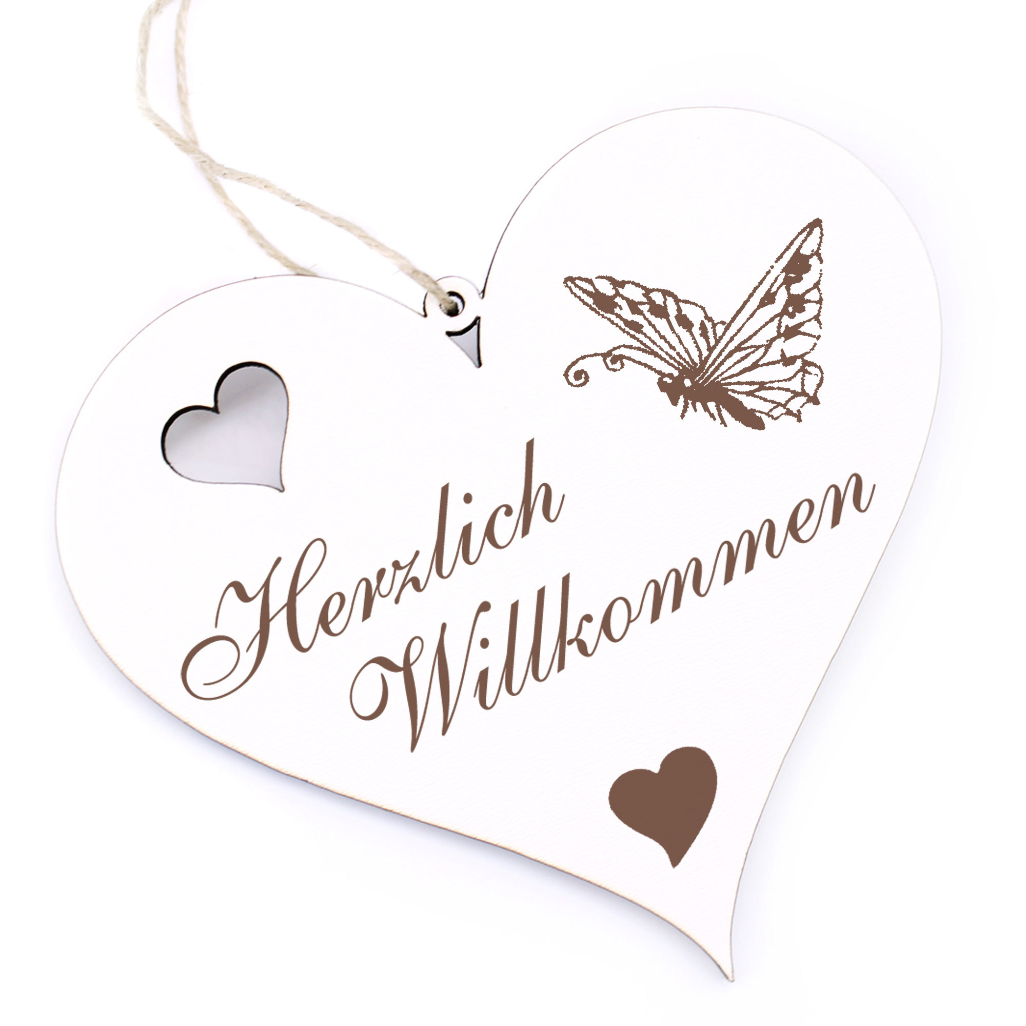 Herzlich Willkommen Schild - fliegender Schmetterling - Deko Herz Holz