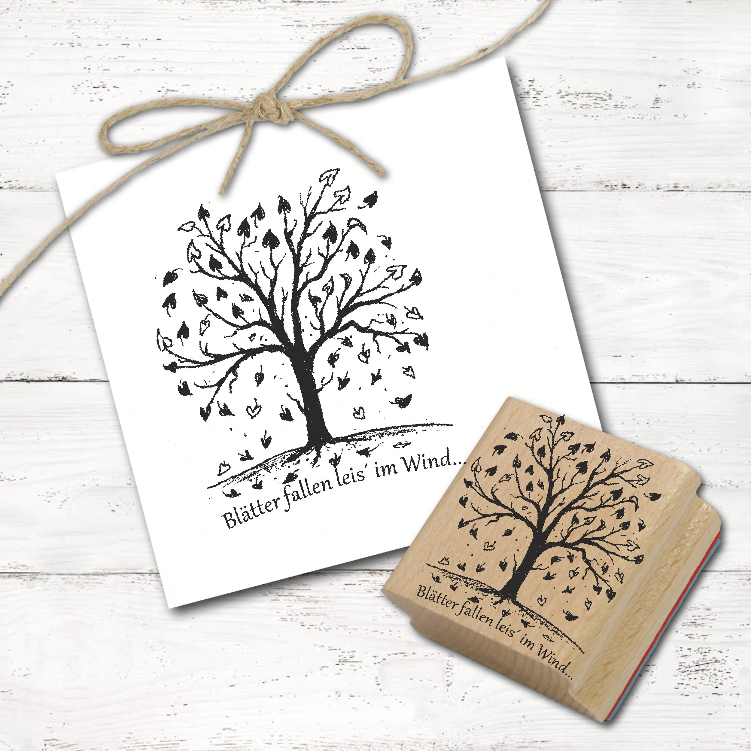 Motivstempel Baum Blätter fallen leis im Wind - Herbst Stempel Holzstempel 58 x 68 mm