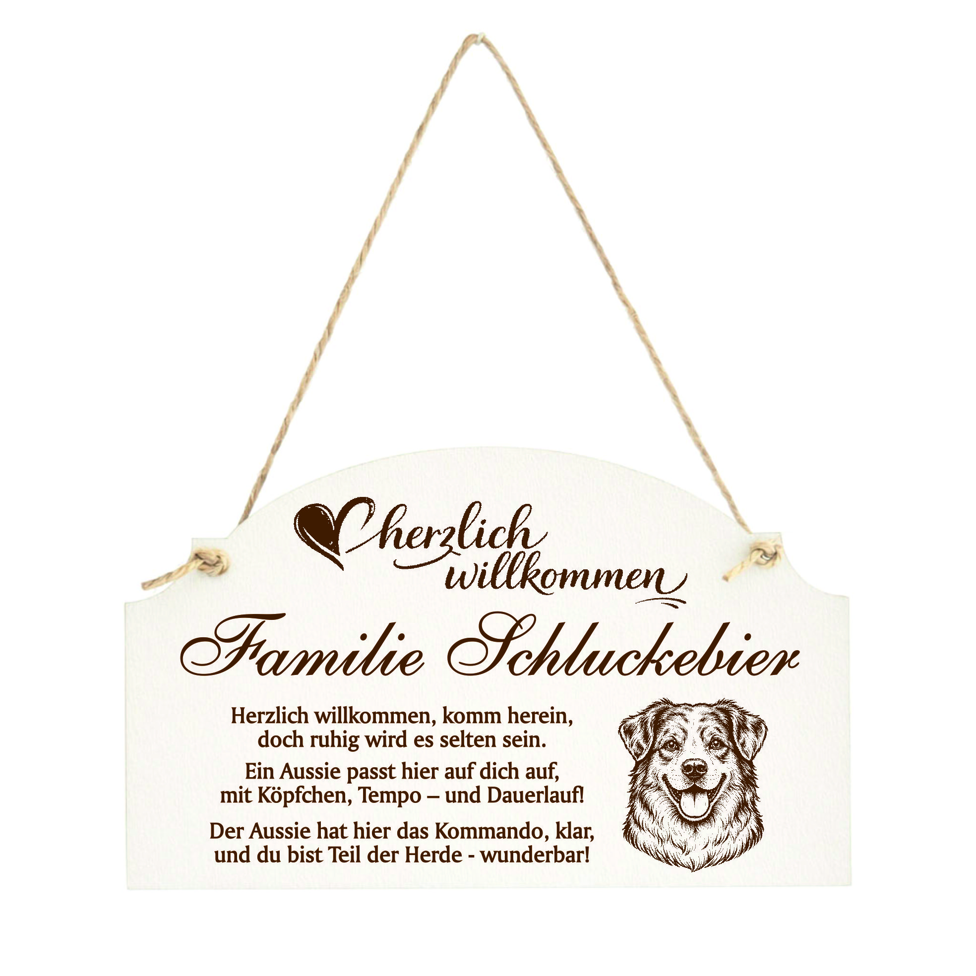 Willkommensschild Australian Shepherd personalisiert - Haustürschild mit Hundespruch - 14 x 8,5 cm