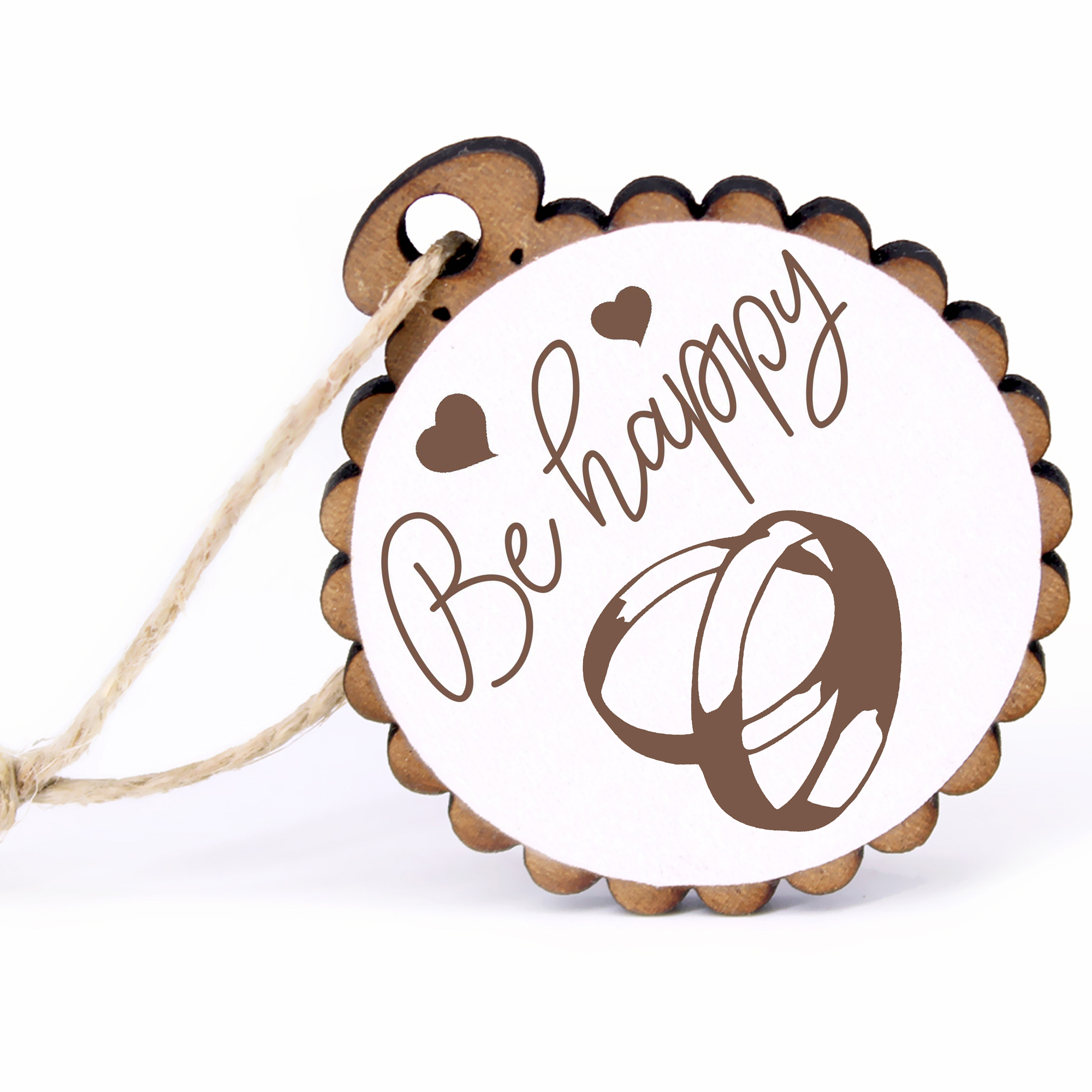 Geschenkanhänger - Be Happy Eheringe -  Holz Ø-5cm - mit Juteband