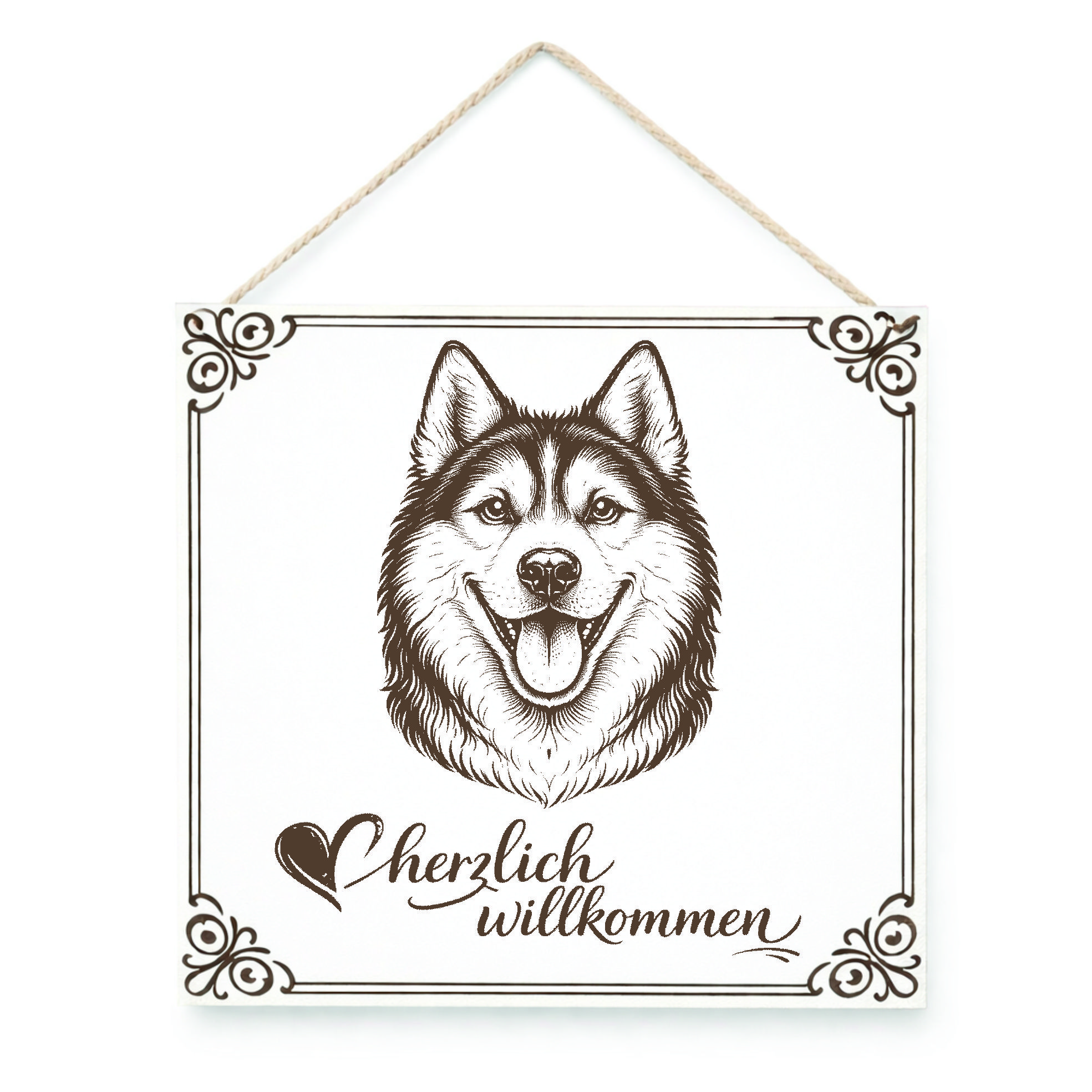 Hund Willkommensschild Siberian Husky – Türschild Herzlich Willkommen  – Dekoschild Haustür 15×15 cm