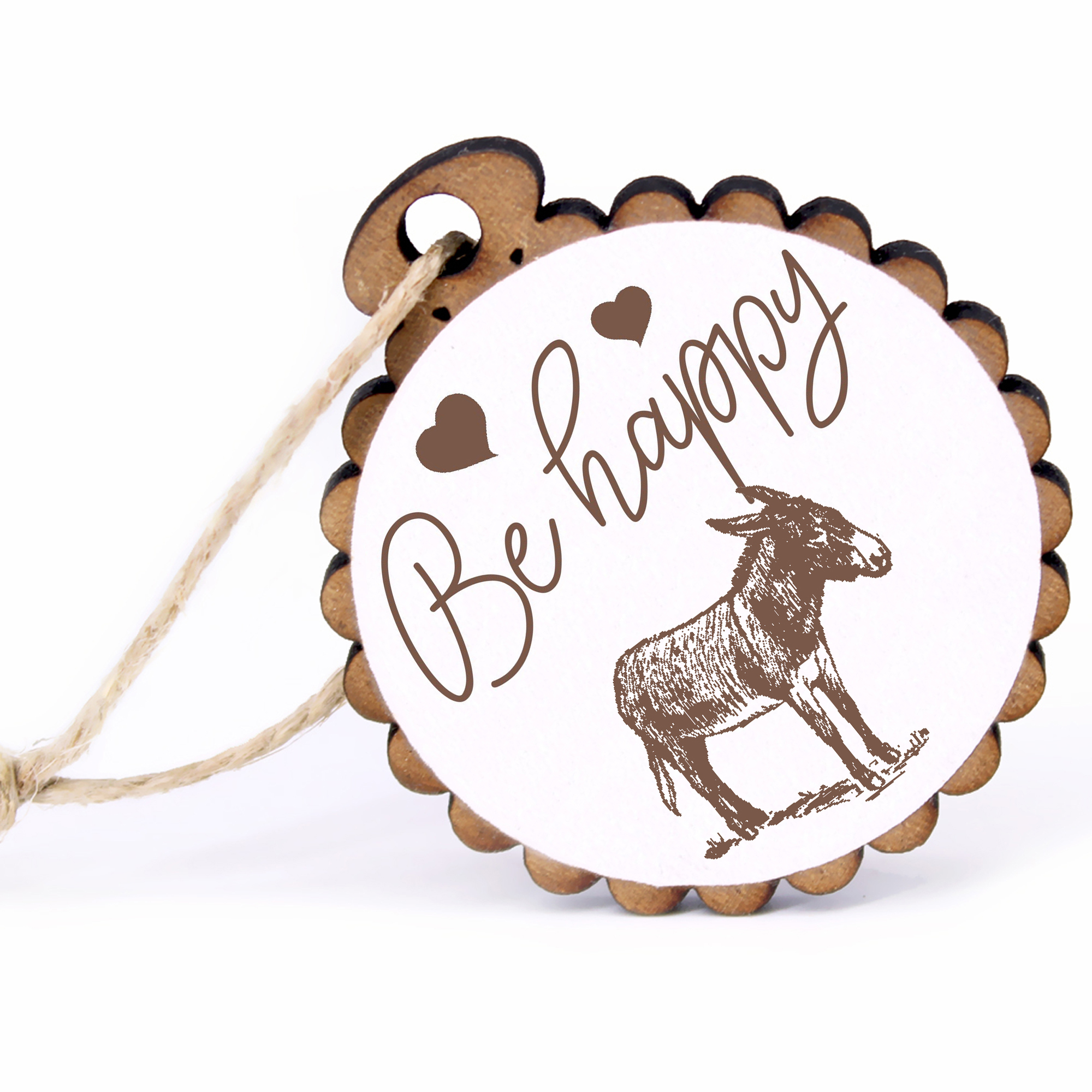 Geschenkanhänger - Be Happy Esel -  Holz Ø-5cm - mit Juteband