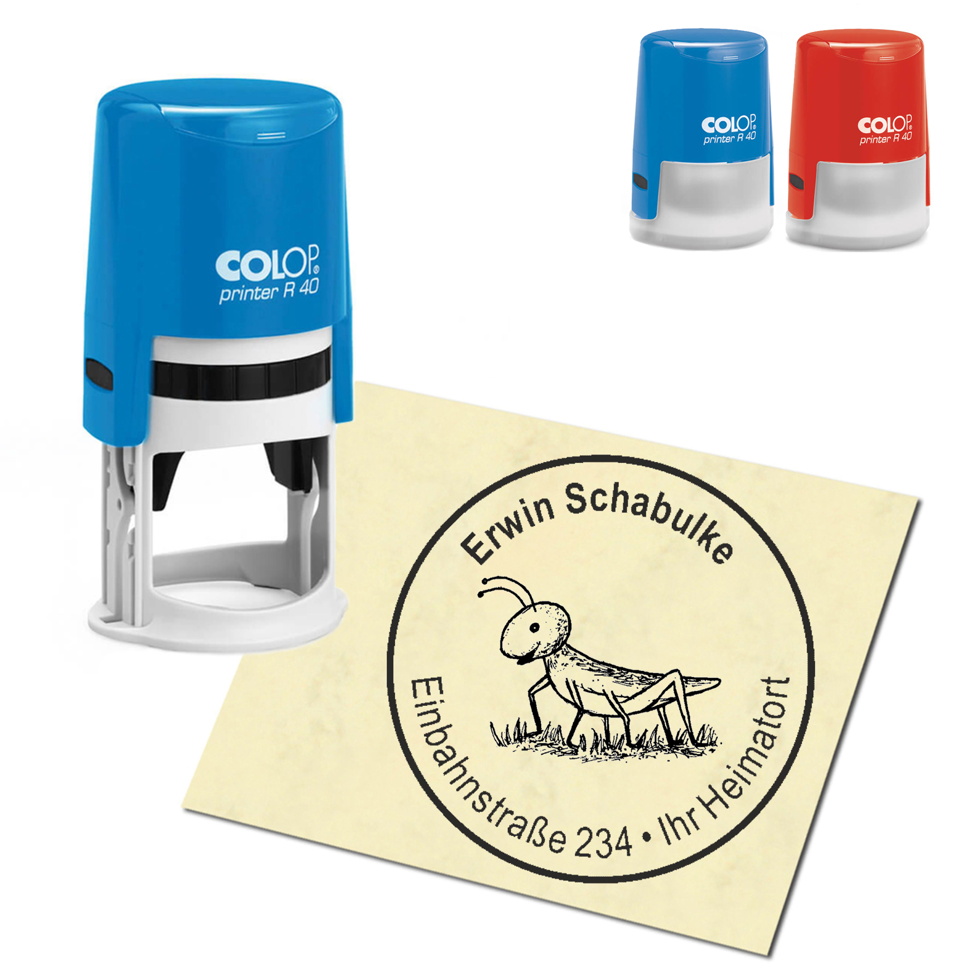 Stempel Adressstempel personalisiert - niedlicher Grashüpfer - rund &empty; 40mm