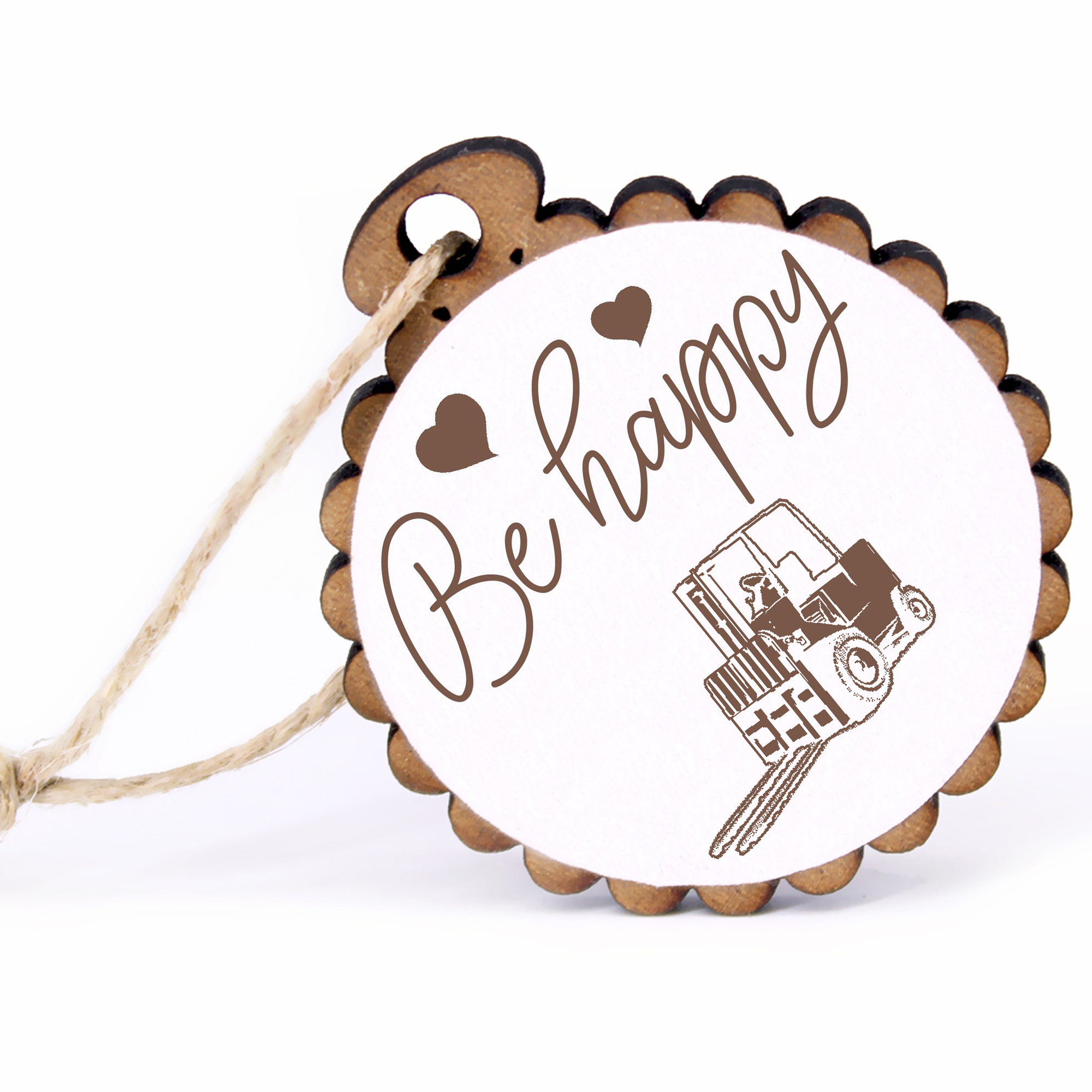 Geschenkanhänger - Be Happy Gabelstabler -  Holz Ø-5cm - mit Juteband