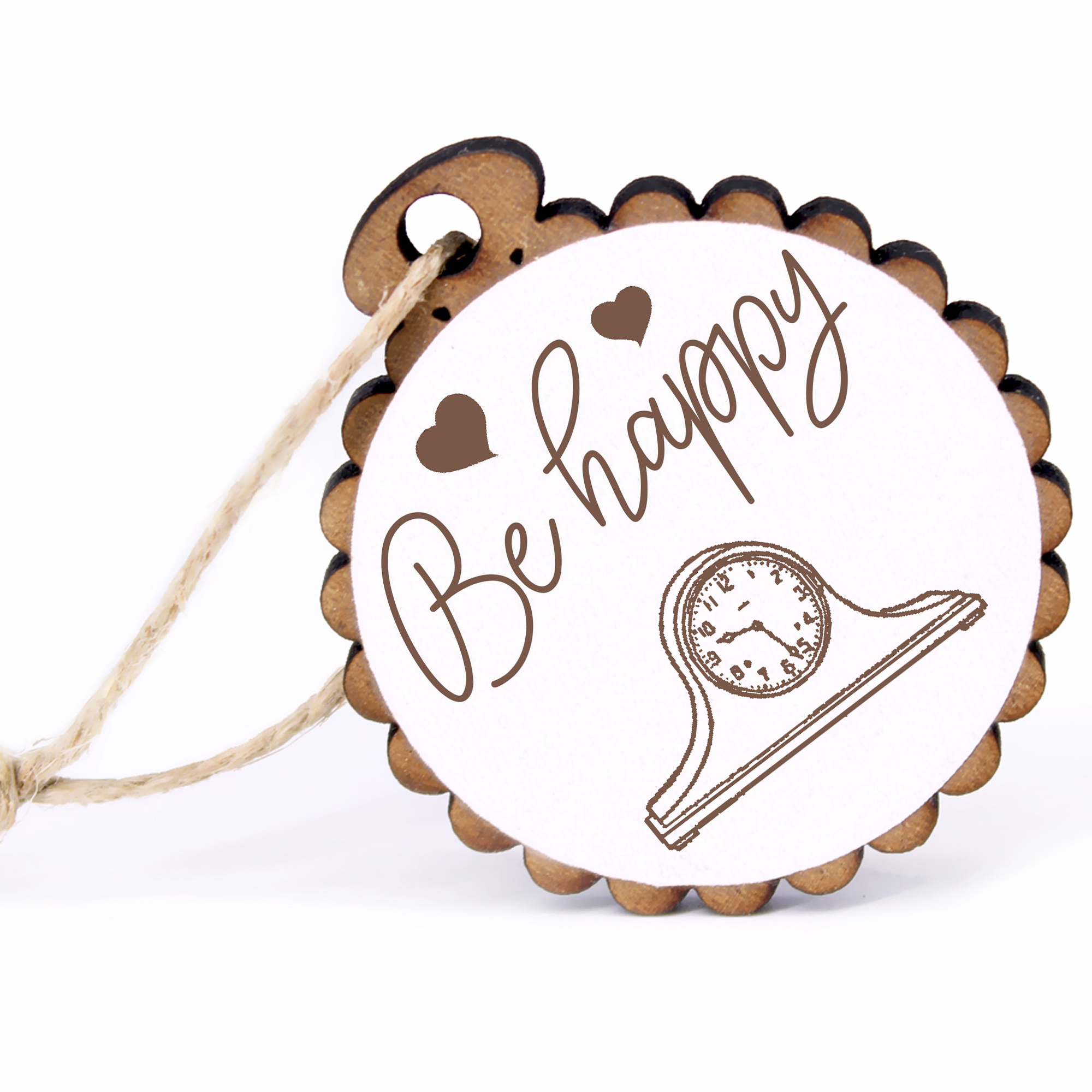 Geschenkanhänger - Be Happy Standuhr -  Holz Ø-5cm - mit Juteband
