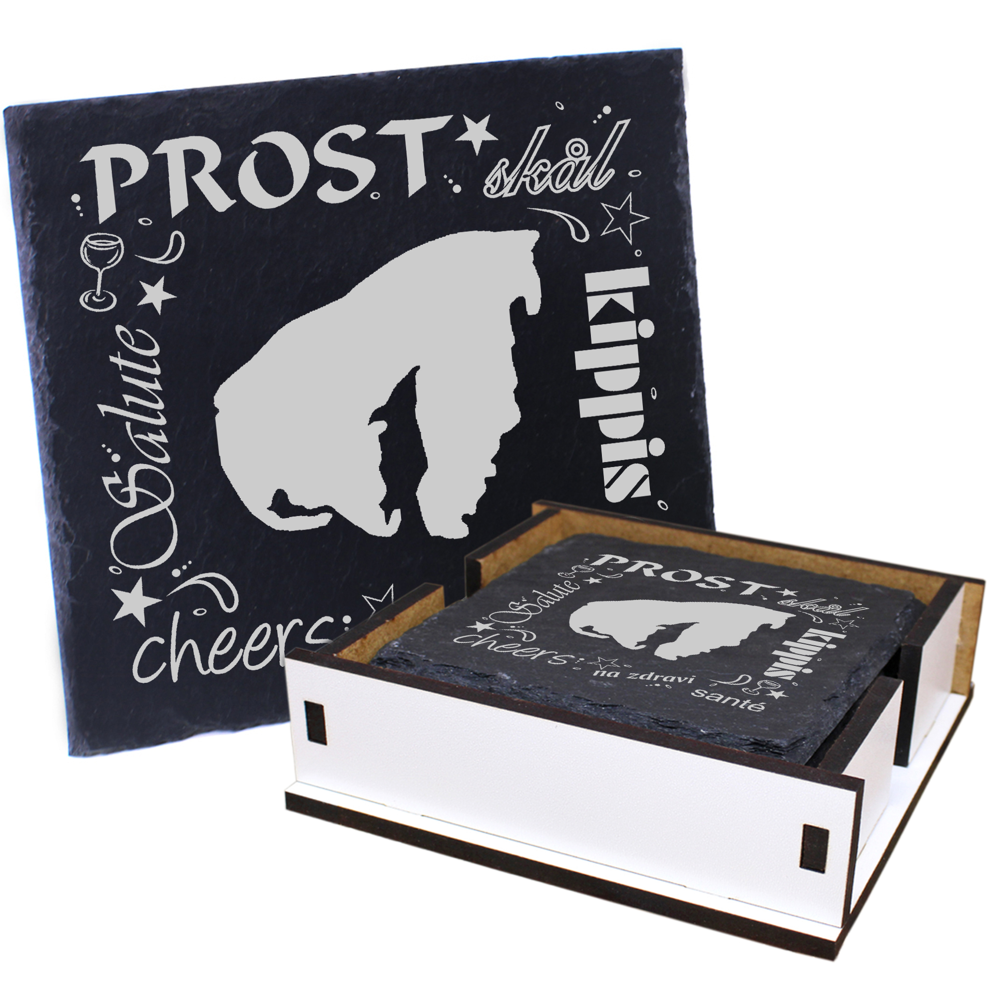 5 x Schiefer Untersetzer - Prost Insel Poel - inkl. Holzbox & Flaschenuntersetzer