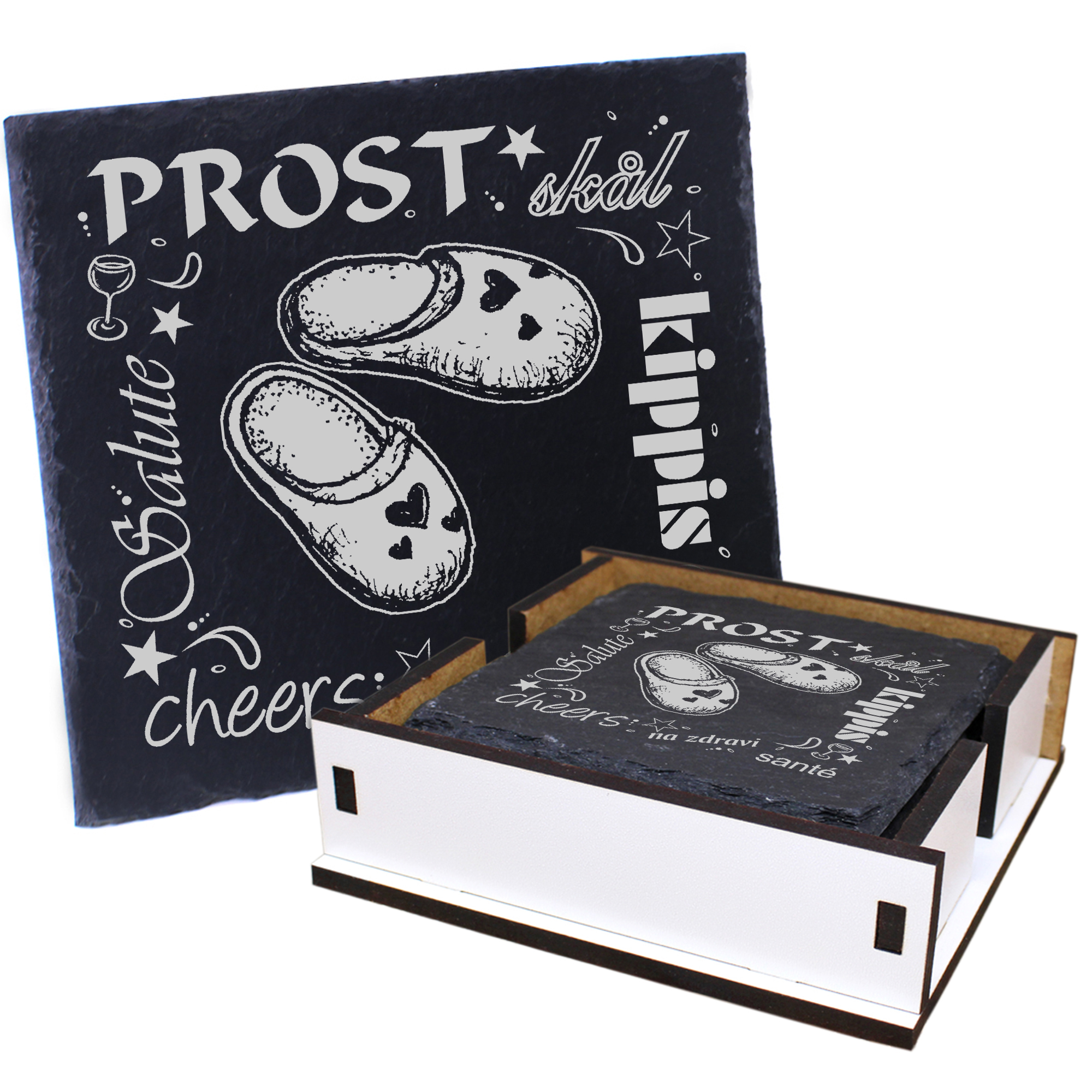 5 x Schiefer Untersetzer - Prost Pantoffeln - inkl. Holzbox & Flaschenuntersetzer