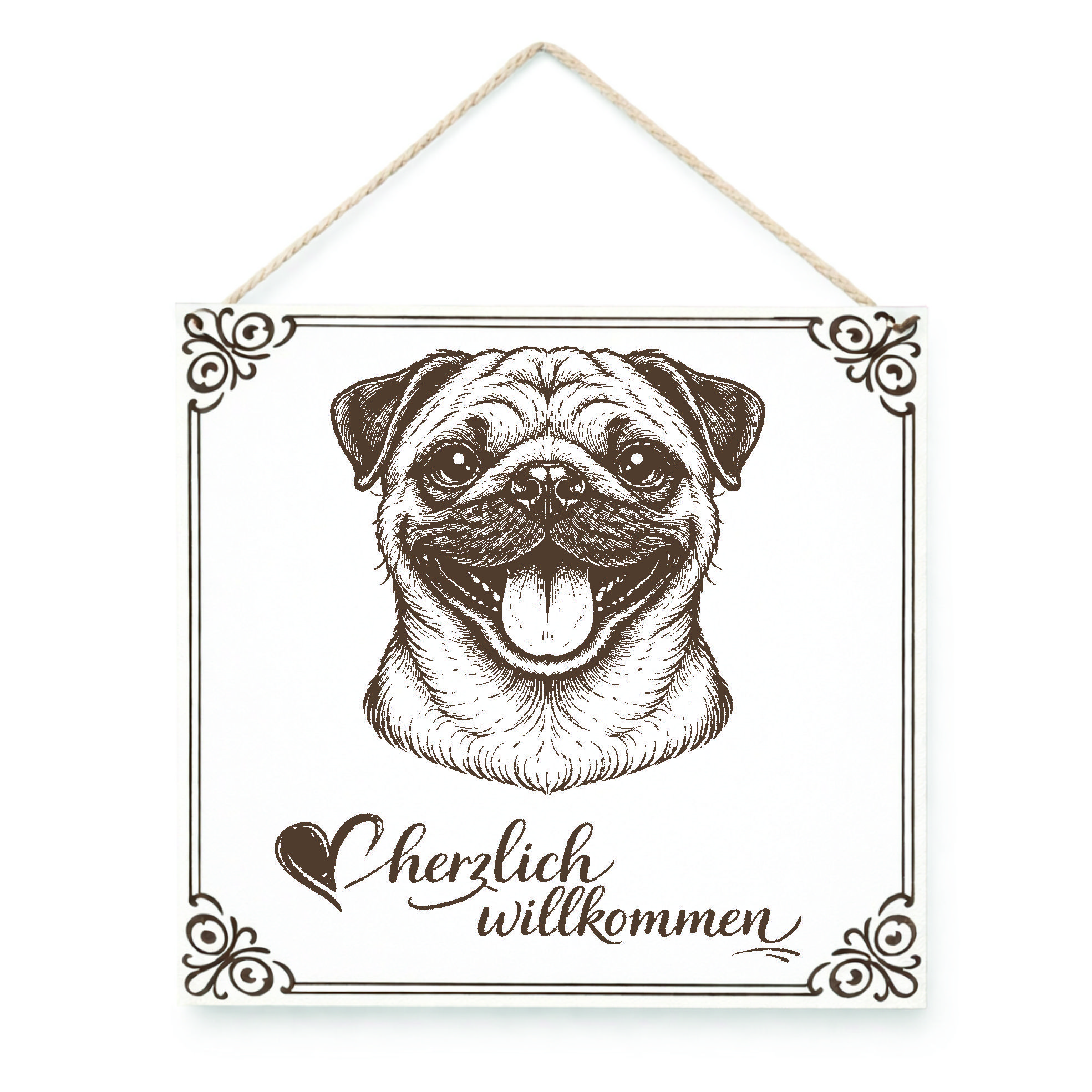 Hund Willkommensschild Mops – Türschild Herzlich Willkommen  – Dekoschild Haustür 15×15 cm