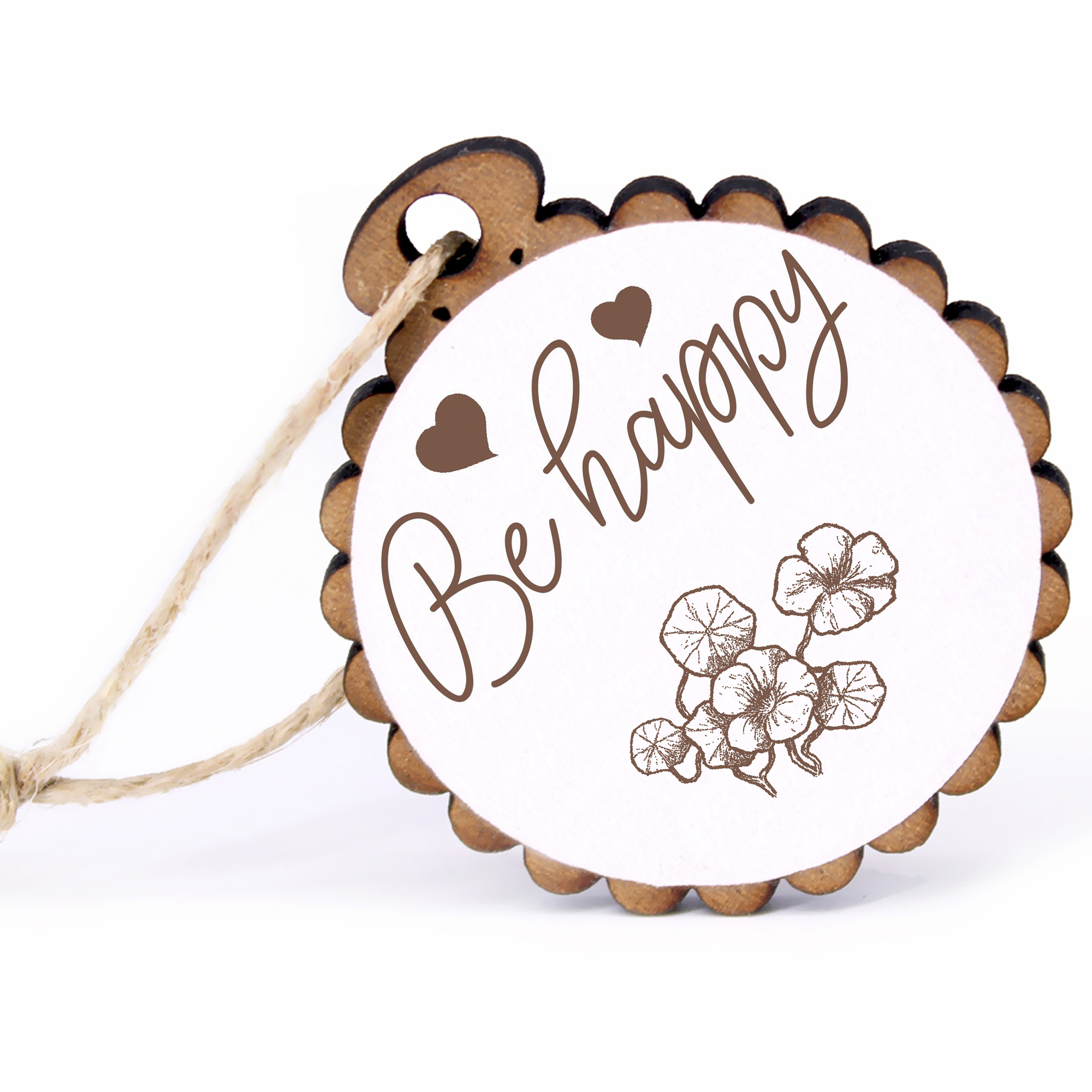 Geschenkanhänger - Be Happy Kapuzinerkresse -  Holz Ø-5cm - mit Juteband