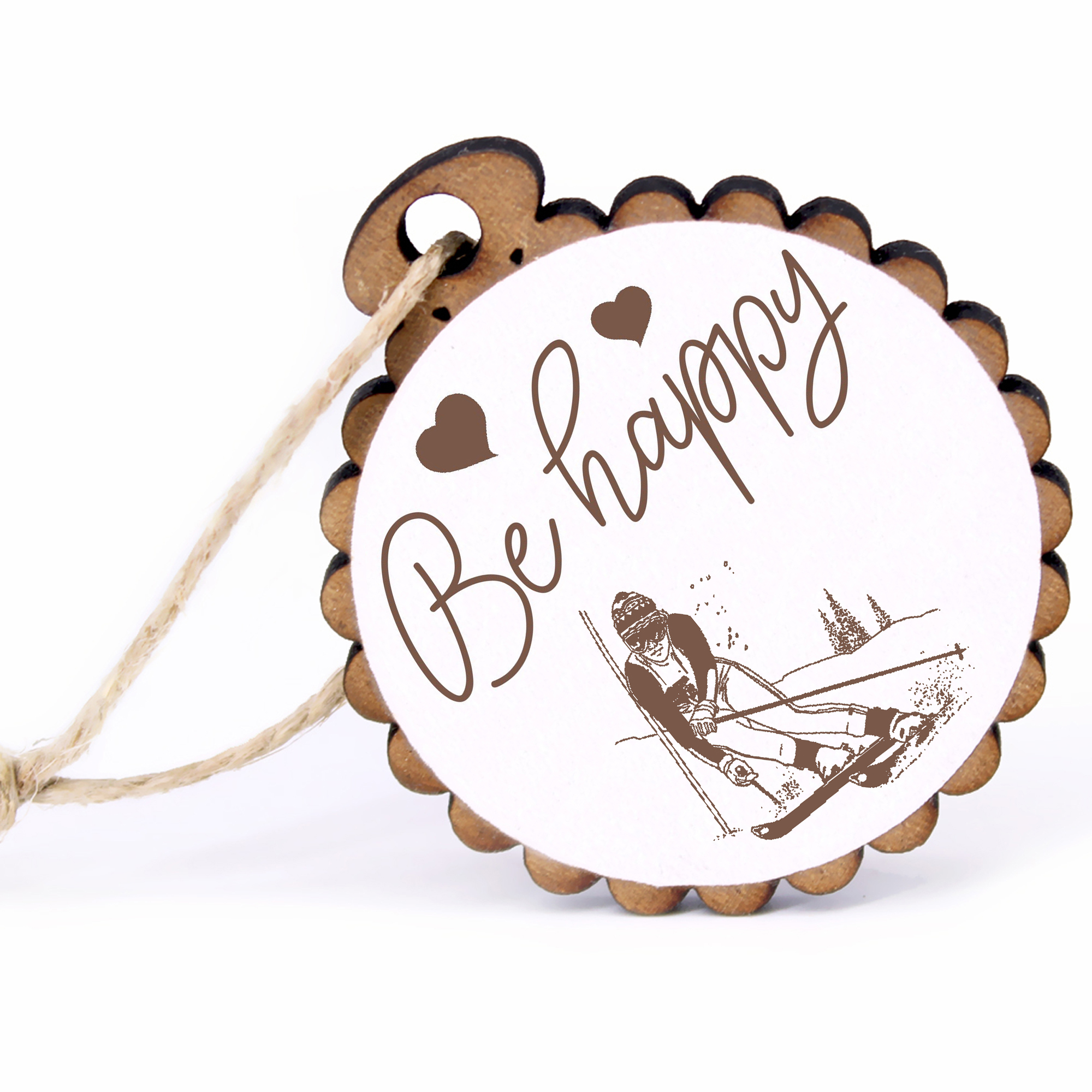 Geschenkanhänger - Be Happy Skialpin -  Holz Ø-5cm - mit Juteband