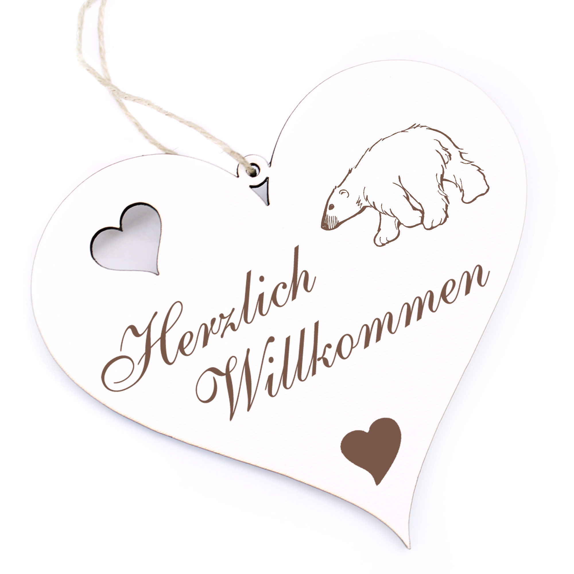 Herzlich Willkommen Schild - gezeichneter Eisbär - Deko Herz Holz
