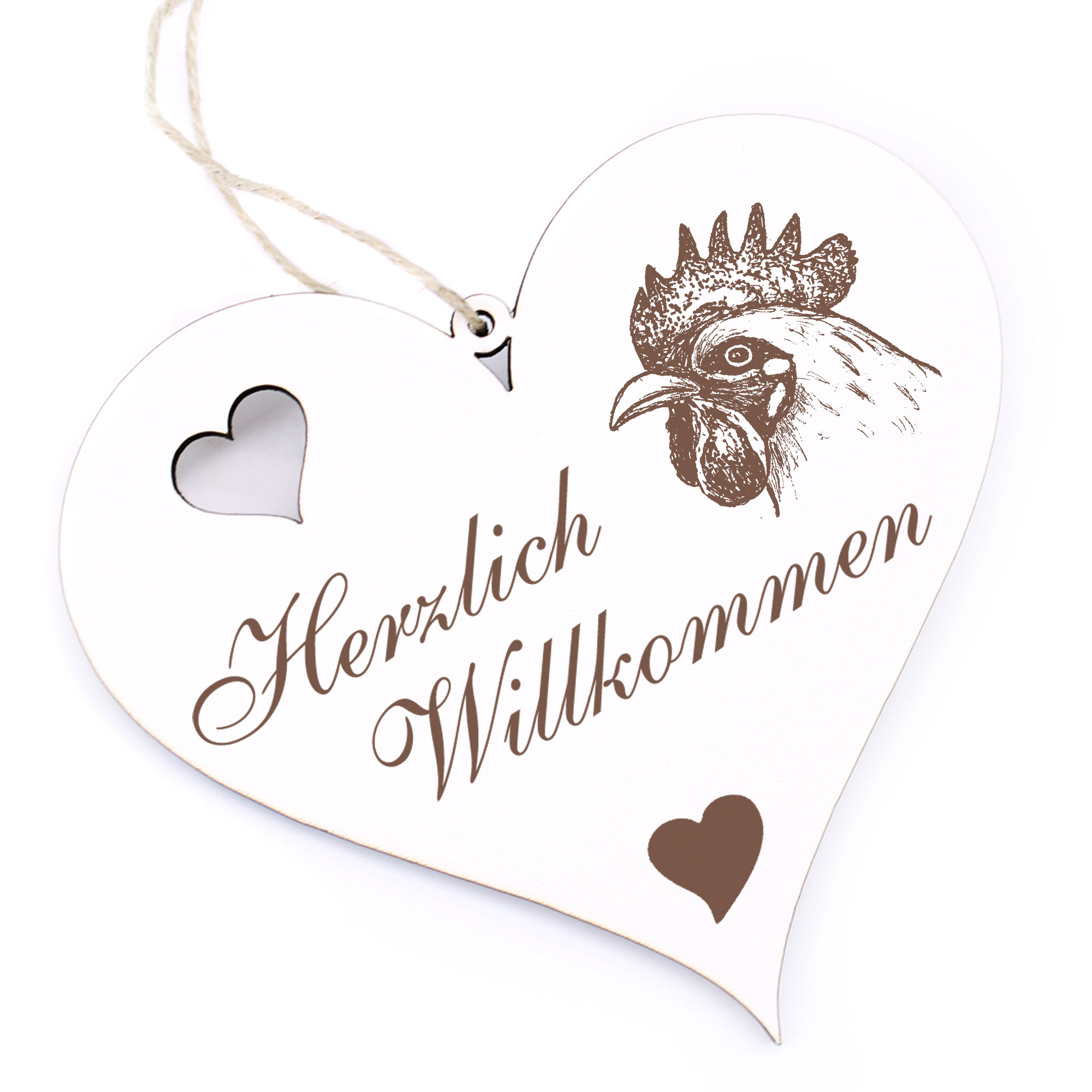 Herzlich Willkommen Schild - Hahn - Deko Herz Holz