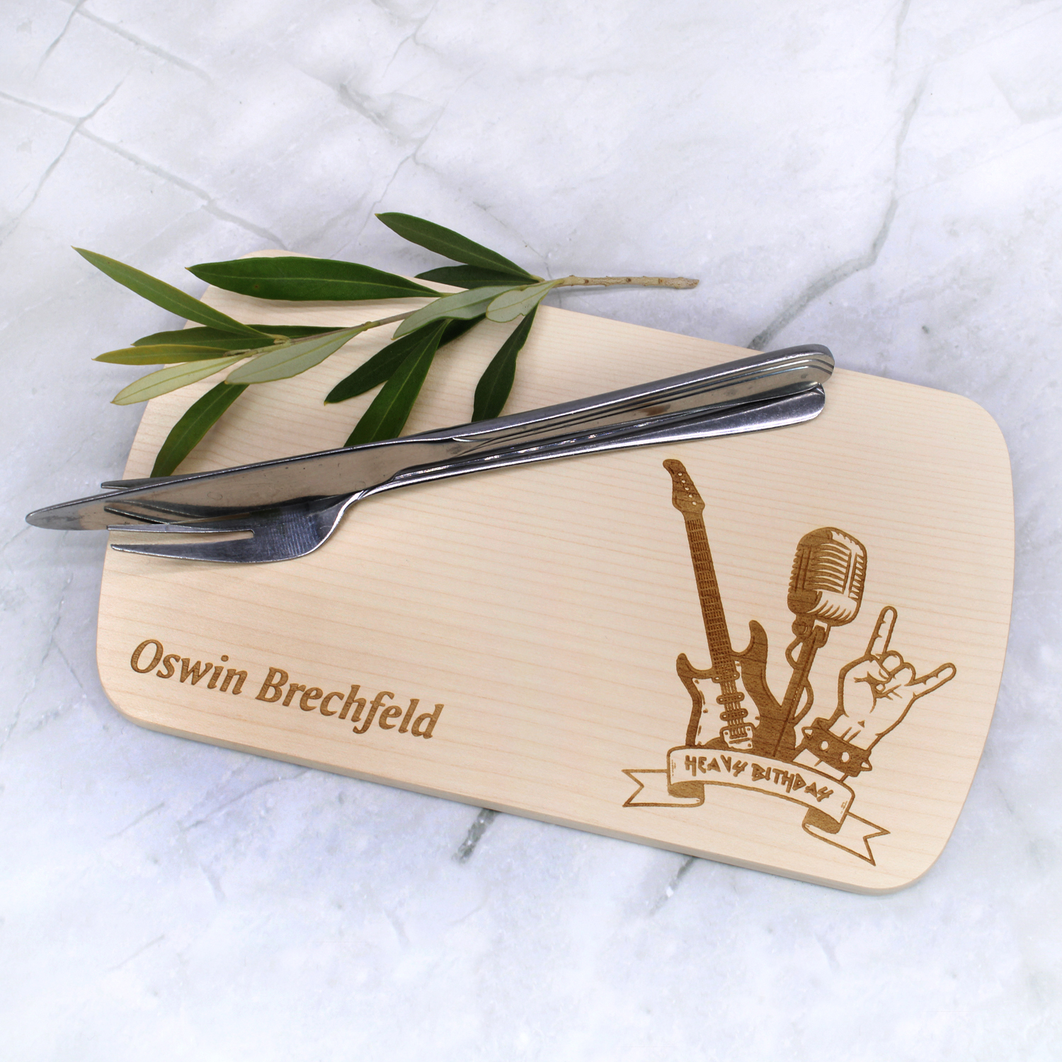 Frühstücksbrett personalisiert - Heavy Metal Design - E-Gitarre Rockhand Pommesgabel - 24x14 cm
