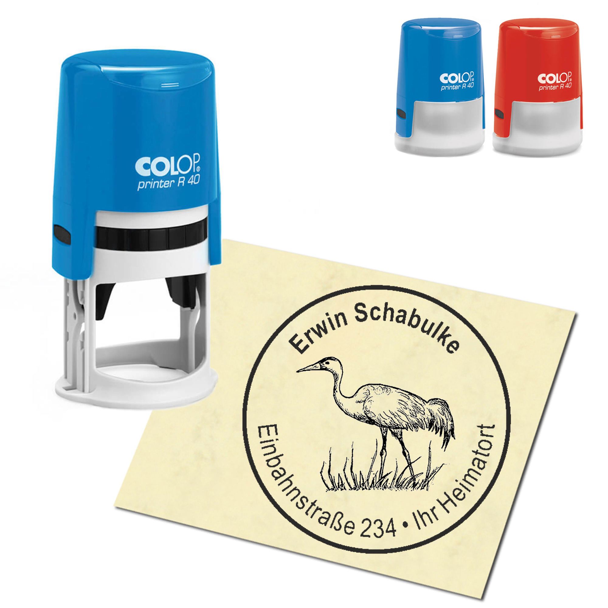 Stempel Adressstempel personalisiert - Kranich auf Wiese - rund &empty; 40mm