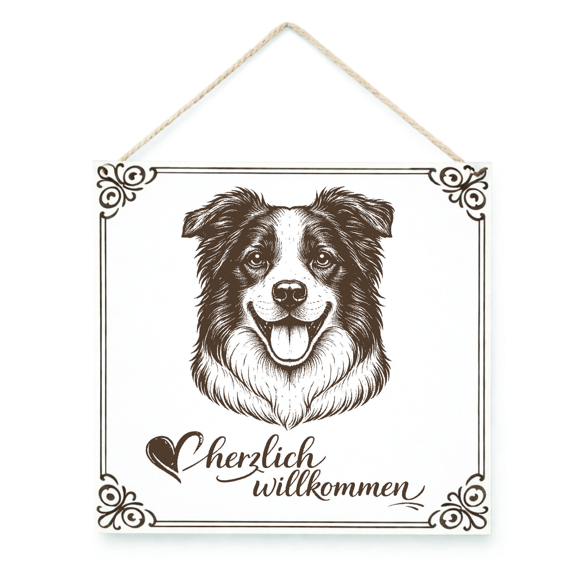 Hund Willkommensschild Border Collie – Türschild Herzlich Willkommen  – Dekoschild Haustür 15×15 cm
