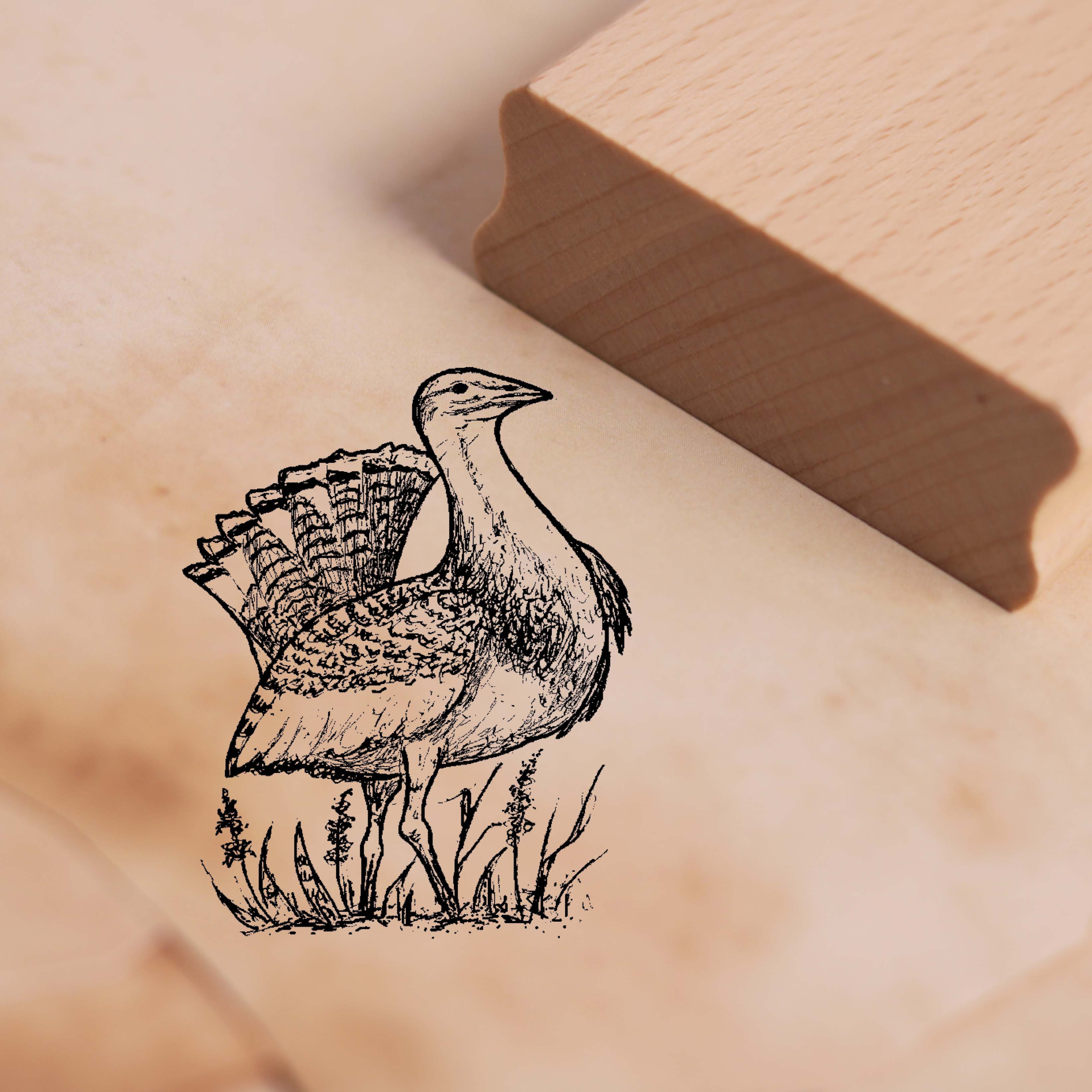 Motivstempel Großtrappe steht auf der Wiese - Stempel Holzstempel 38 x 48 mm