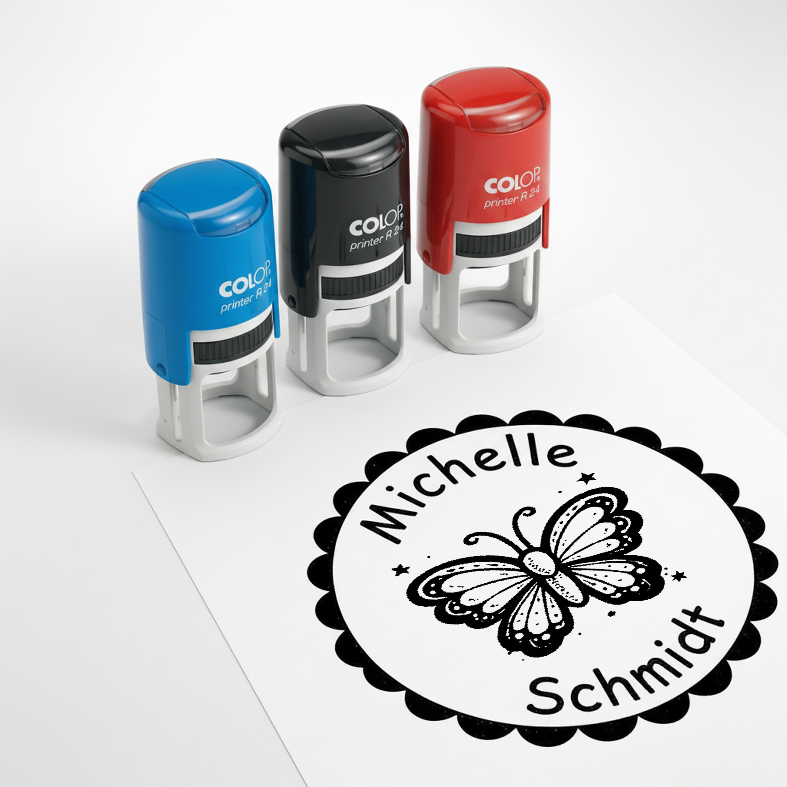 Kinder Namensstempel Schmetterling personalisiert – 24mm – Namensstempel für Schule & Grundschule – Geschenk Schulanfang Einschulung