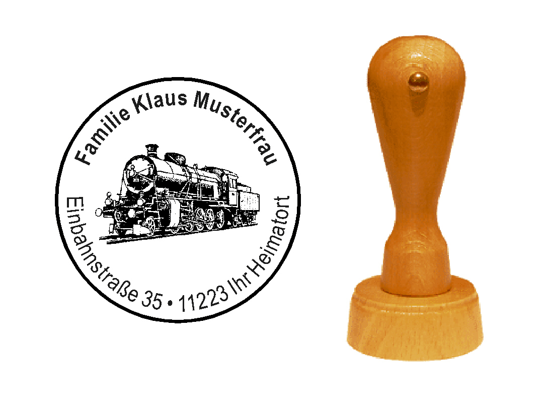 « Dampflokomotive » Holzstempel mit persönlichem Wunschtext