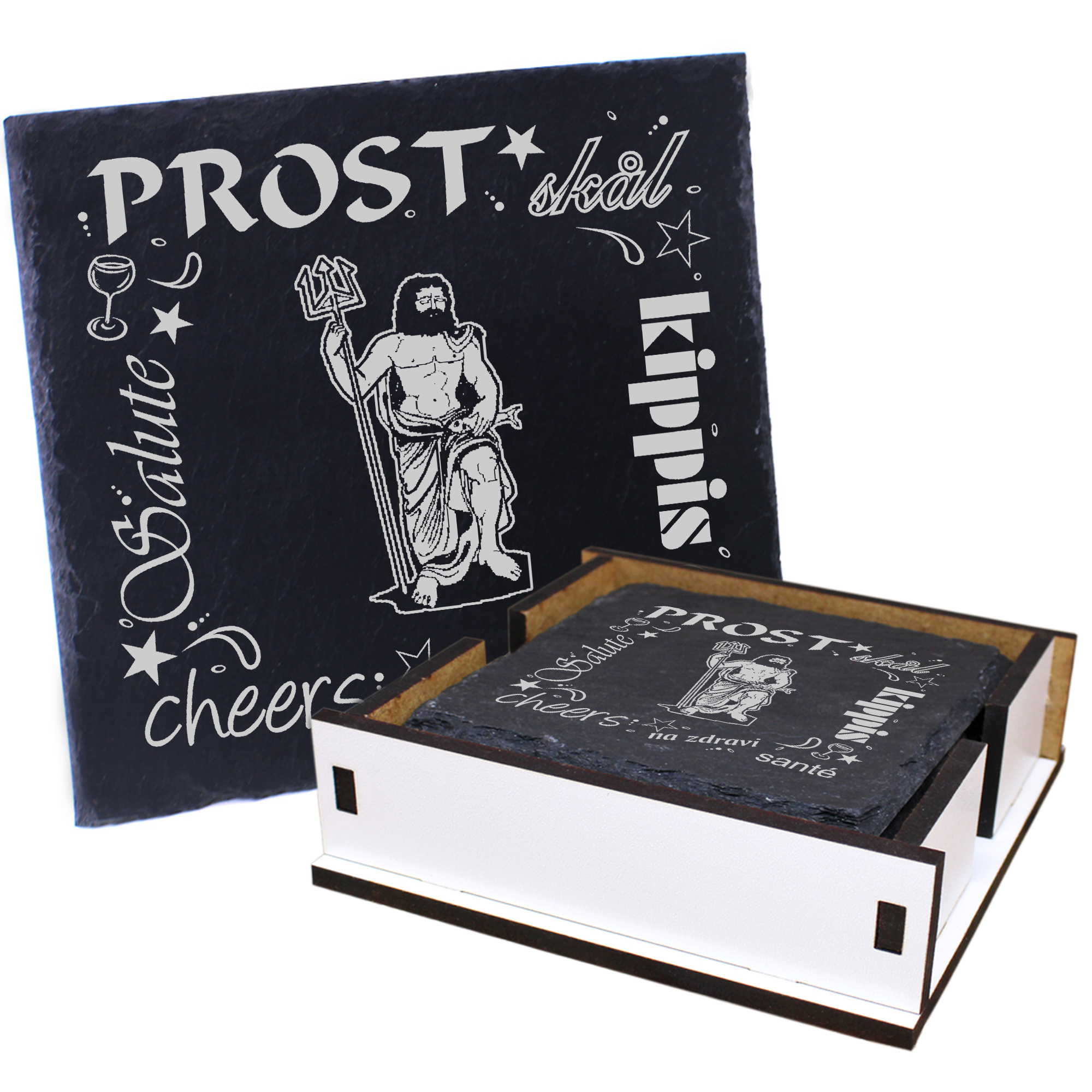 5 x Schiefer Untersetzer - Prost Neptun - inkl. Holzbox & Flaschenuntersetzer