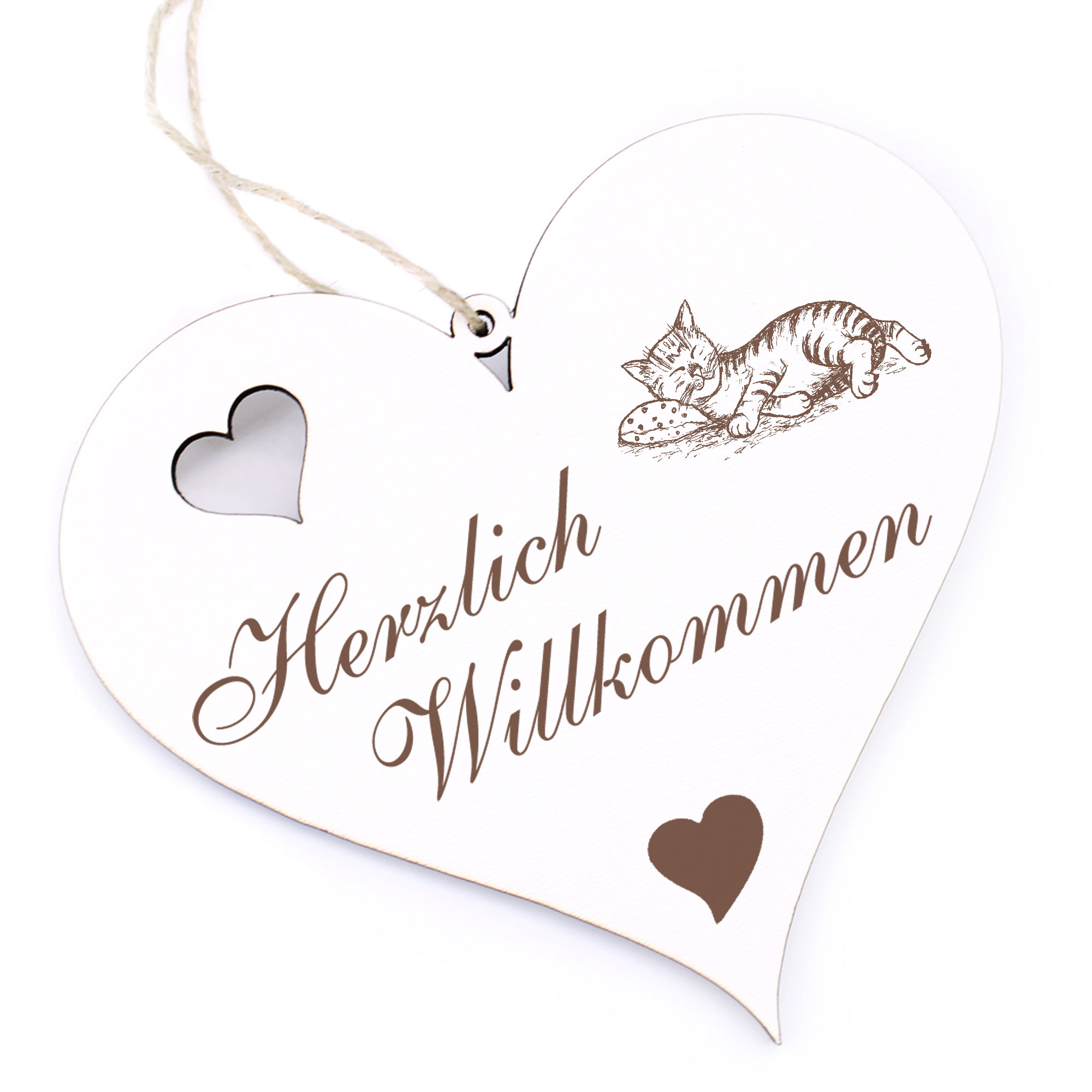 Herzlich Willkommen Schild - niedliche Katze auf Kissen - Deko Herz Holz