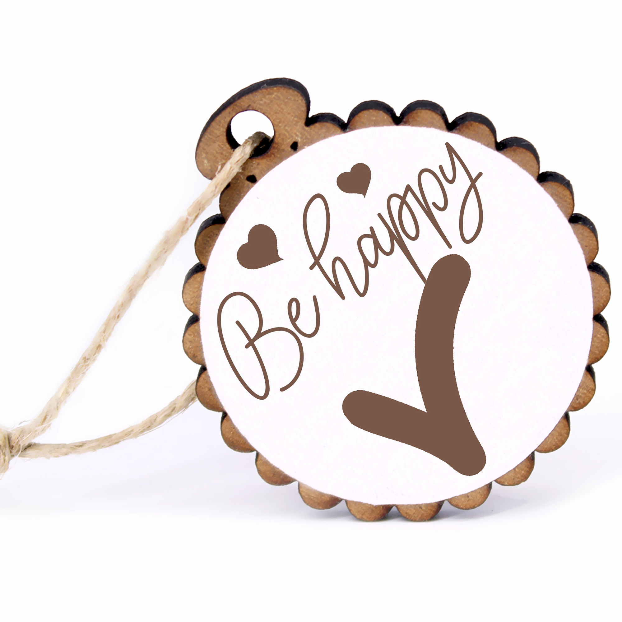 Geschenkanhänger - Be Happy häkchen -  Holz Ø-5cm - mit Juteband