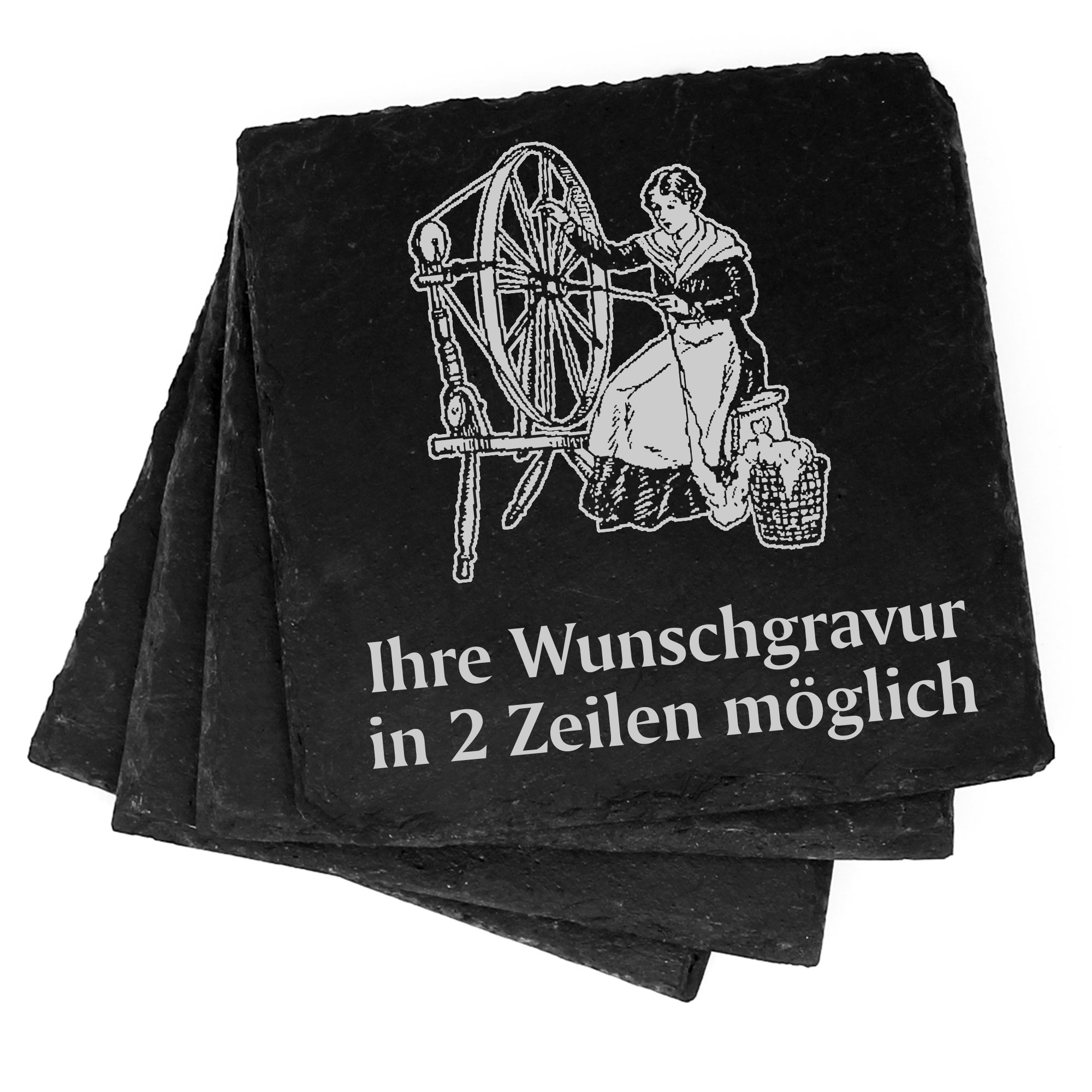 4x Schneiderin am Spinnrad Deko Schiefer Untersetzer Wunschgravur Set - 11 x 11 cm