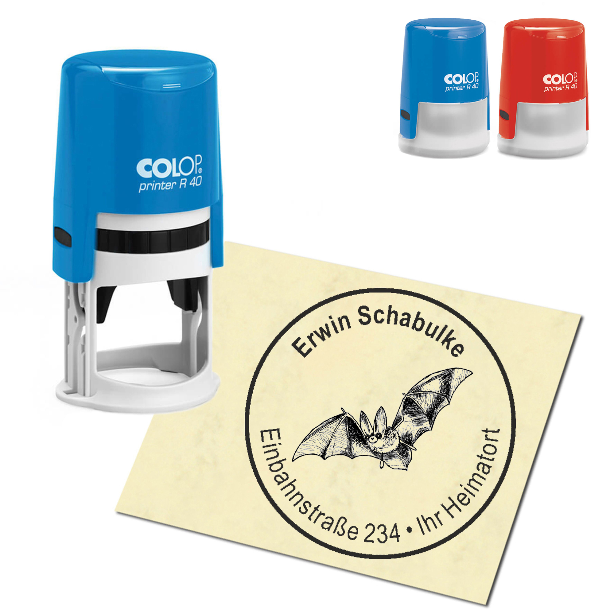 Stempel Adressstempel personalisiert - fliegende Fledermaus - rund &empty; 40mm