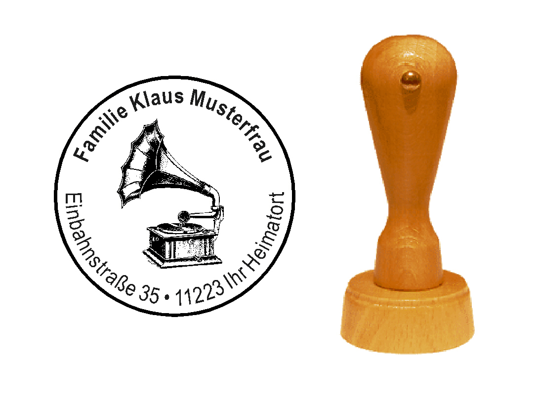 « Grammophon » Holzstempel mit persönlichem Wunschtext