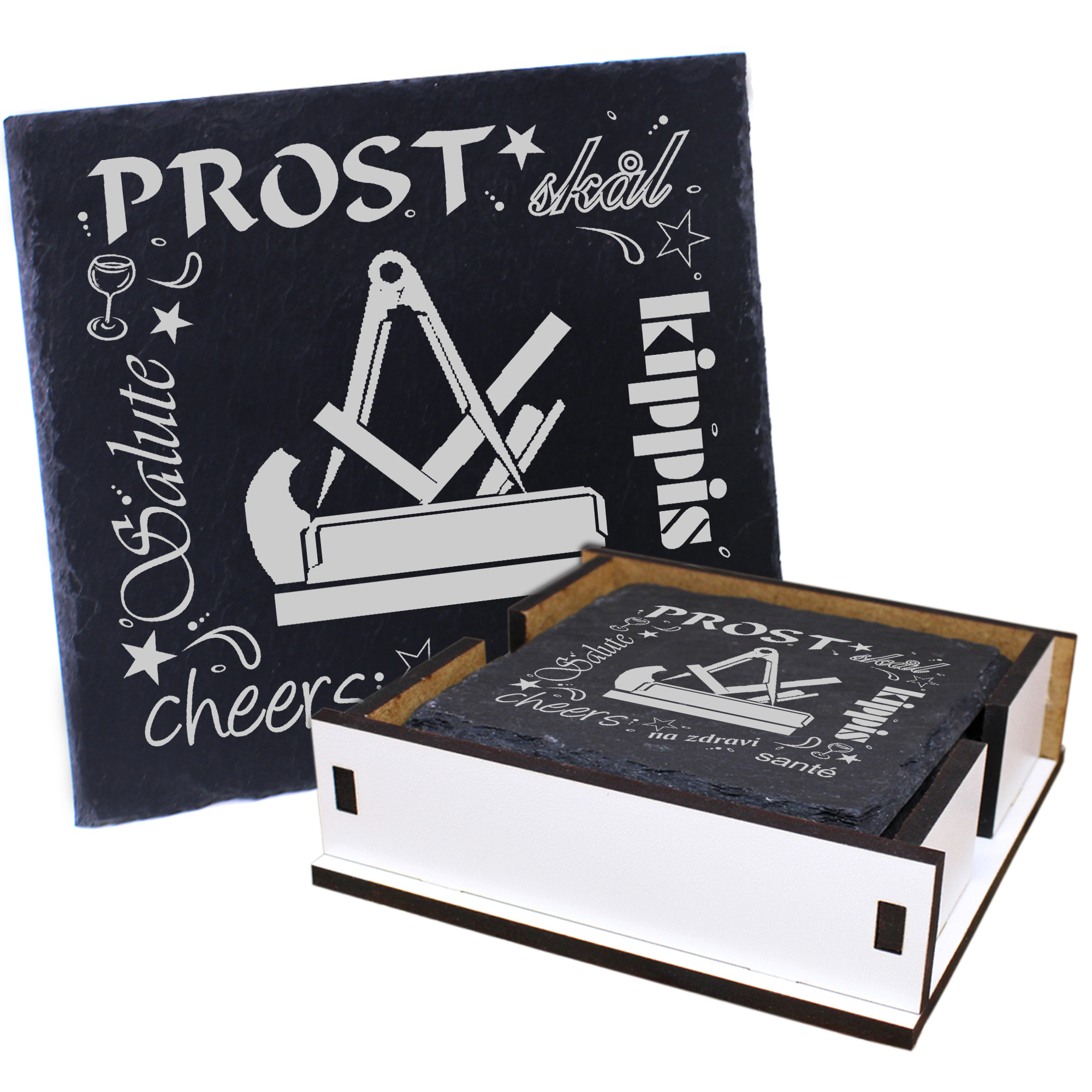 5 x Schiefer Untersetzer - Prost Tischler - inkl. Holzbox & Flaschenuntersetzer