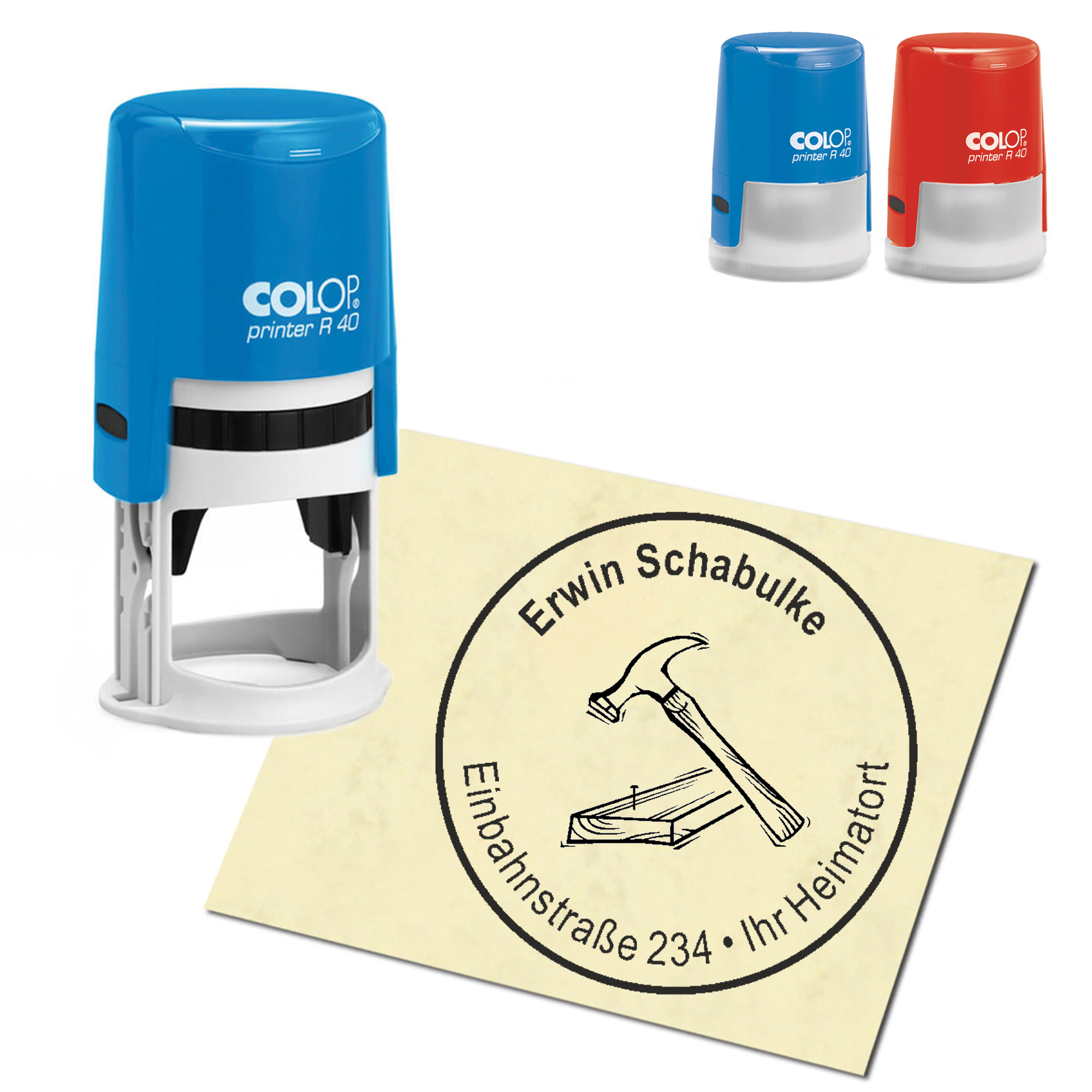 Stempel Adressstempel personalisiert - Zimmermann Hammer und Brett - rund &empty; 40mm