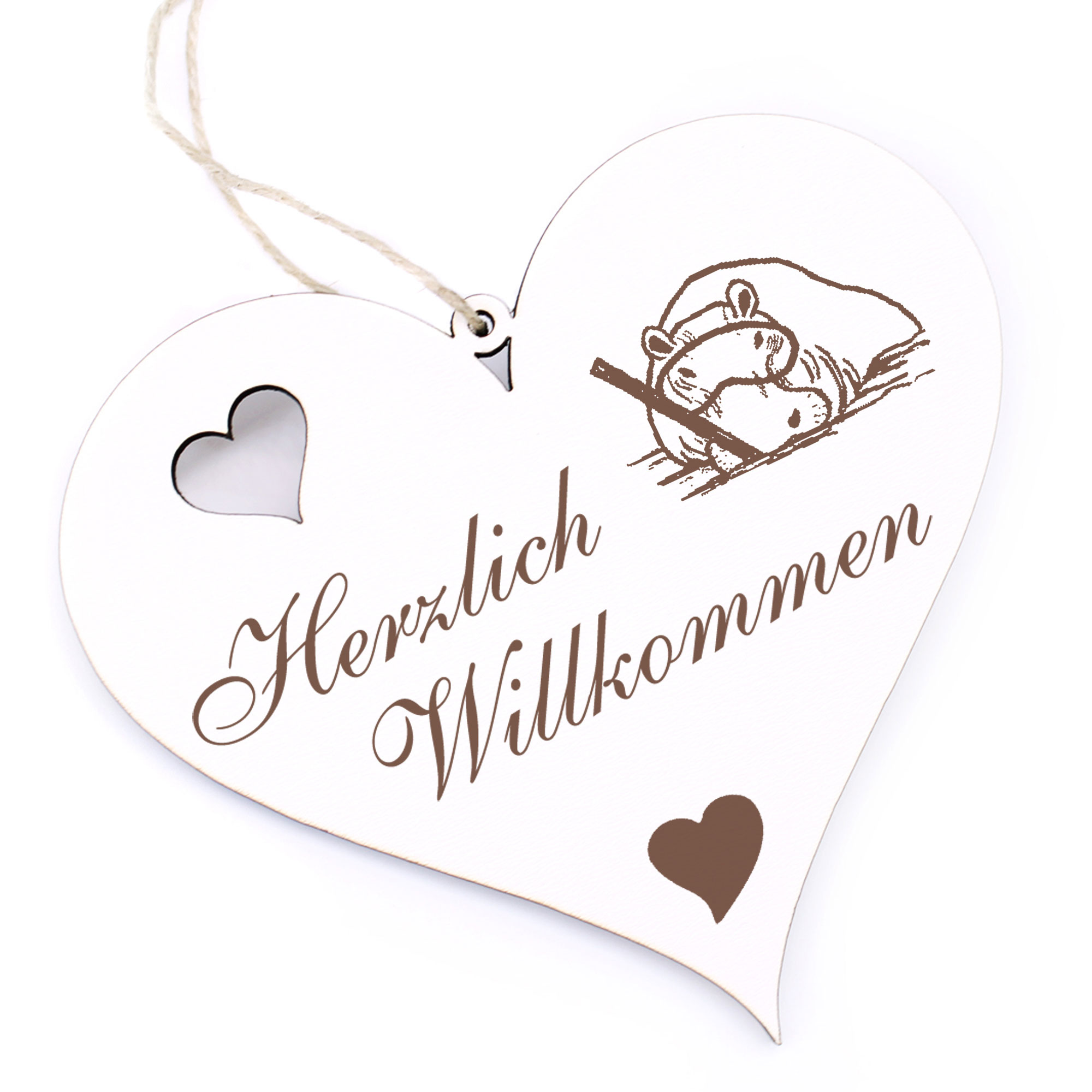 Herzlich Willkommen Schild - Nilpferd mit Taucherbrille - Deko Herz Holz