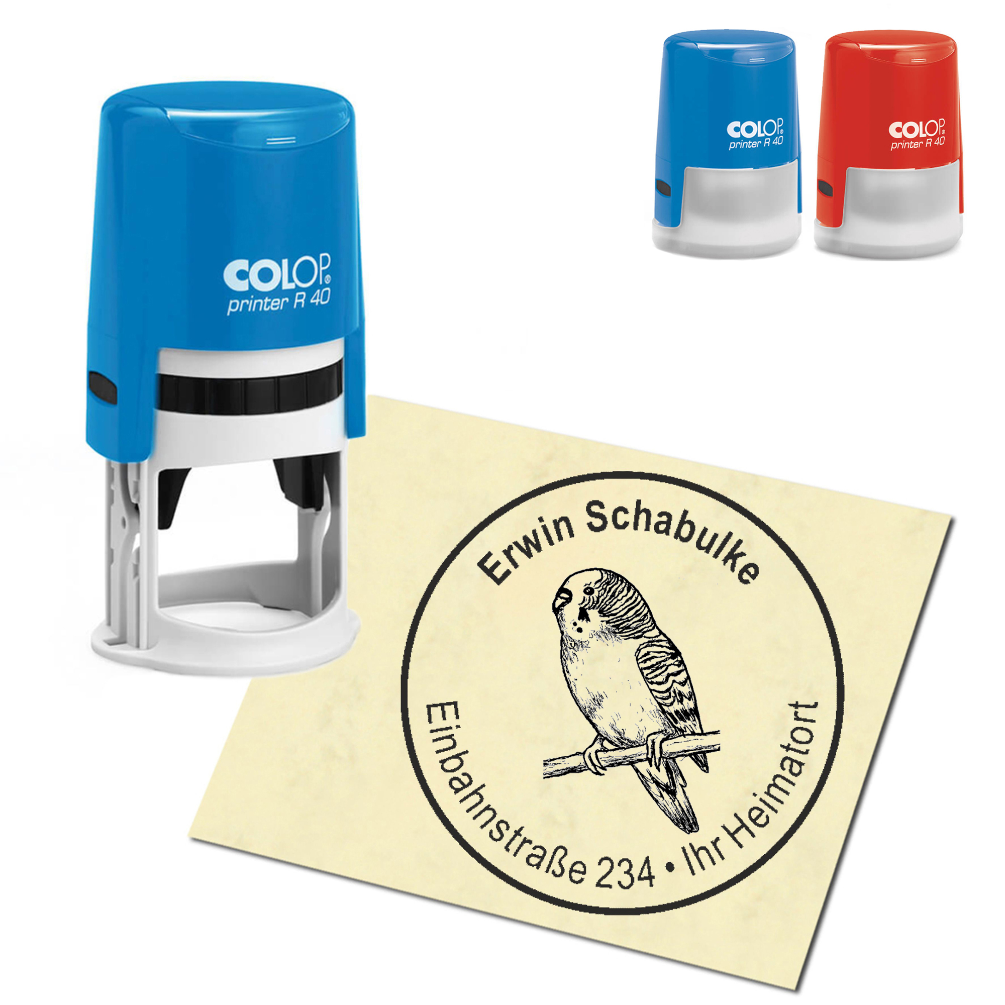 Stempel Adressstempel personalisiert - sitzender Wellensittich - rund &empty; 40mm