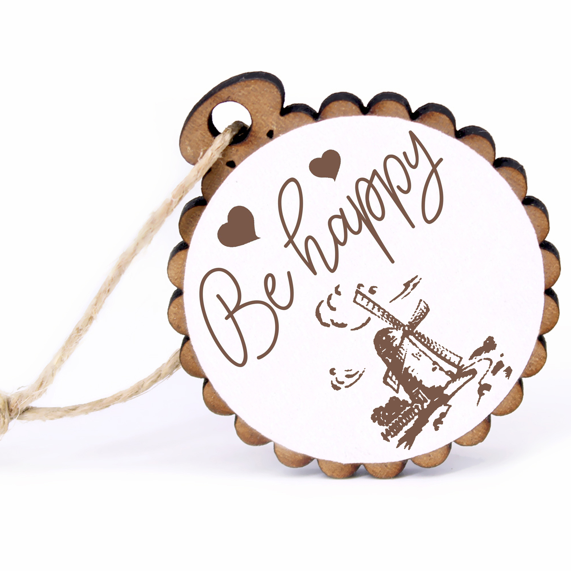 Geschenkanhänger - Be Happy Windmühle -  Holz Ø-5cm - mit Juteband