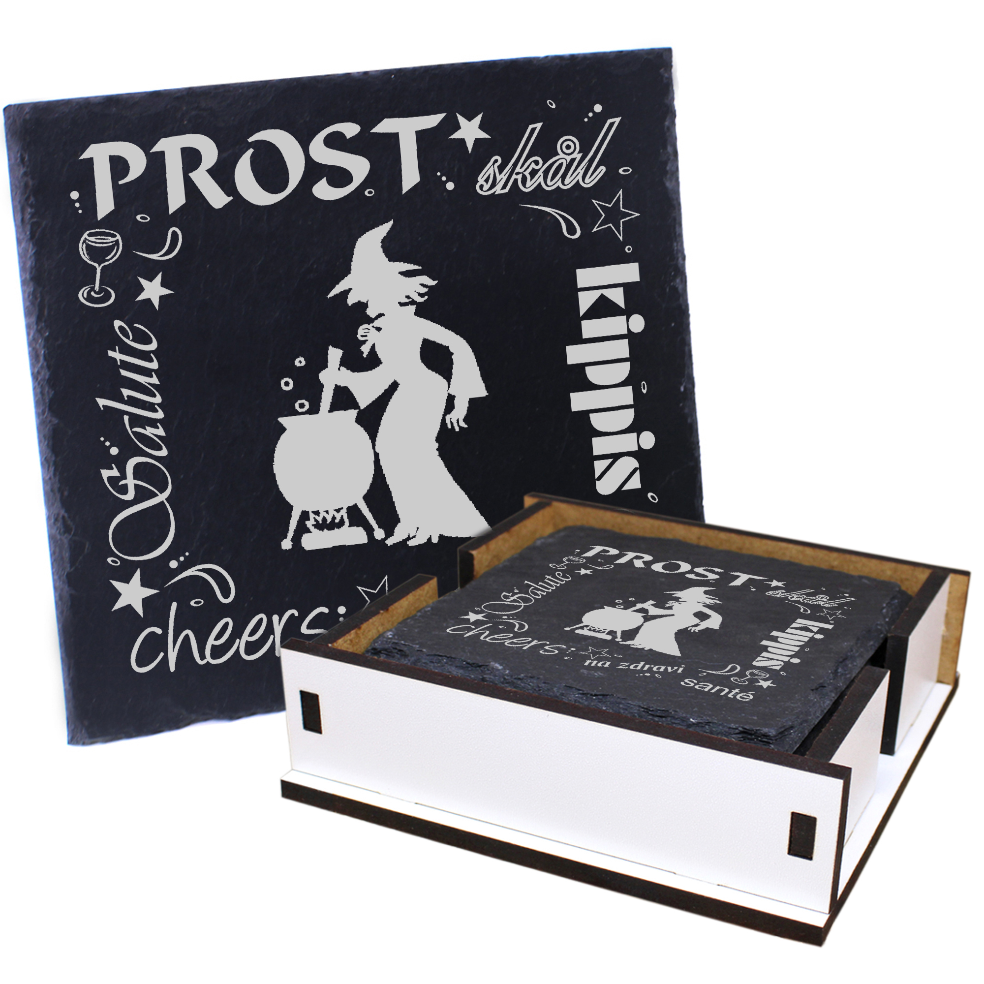 5 x Schiefer Untersetzer - Prost Hexe am Kessel - inkl. Holzbox & Flaschenuntersetzer