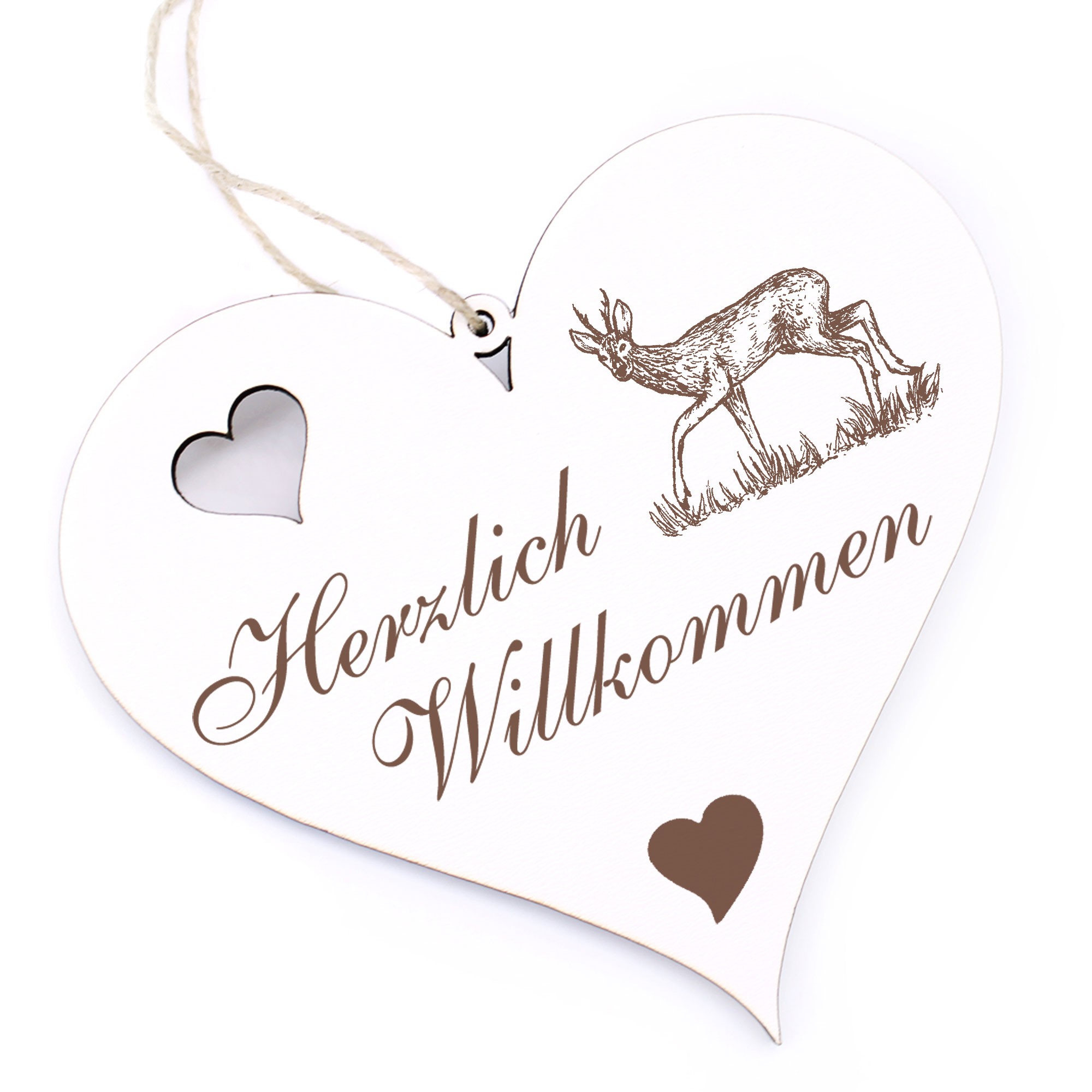 Herzlich Willkommen Schild - Reh auf Wiese - Deko Herz Holz