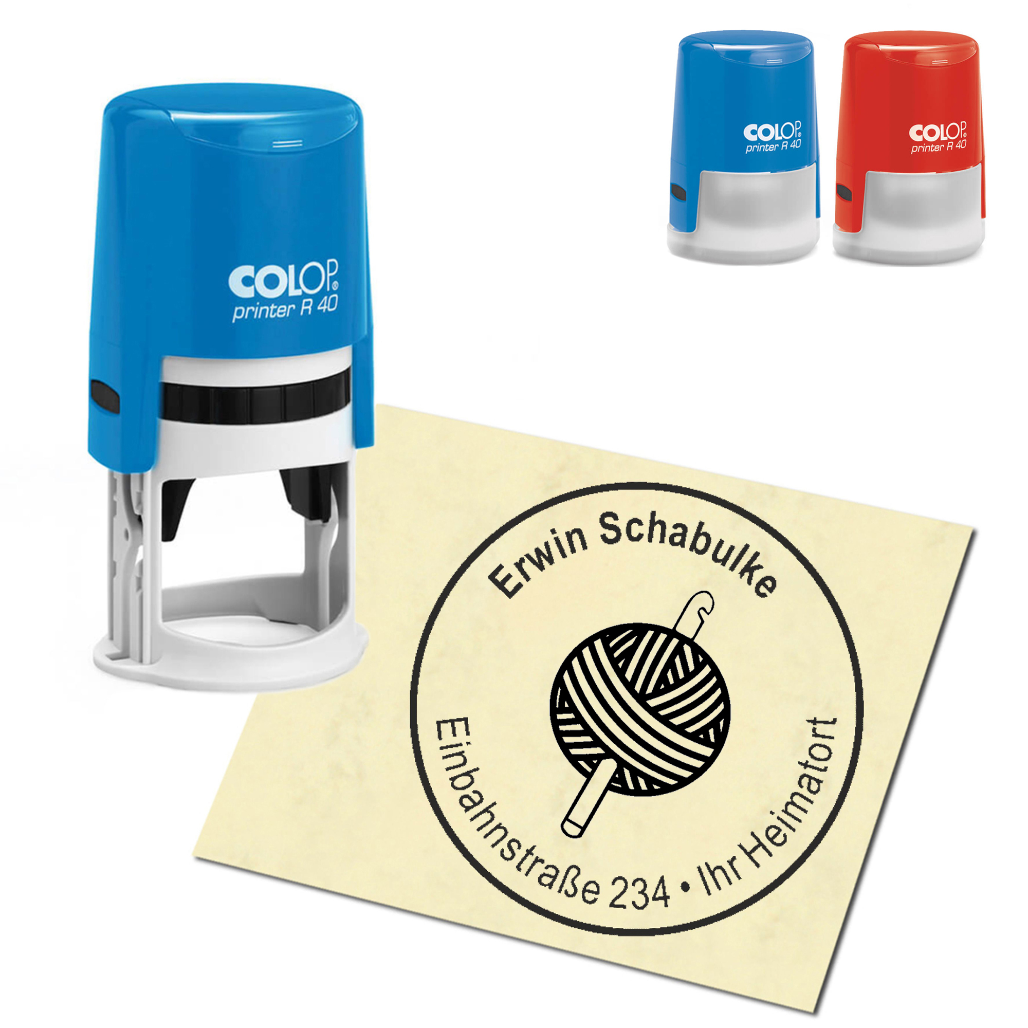 Stempel Adressstempel personalisiert - Wolle und Häkelnadel - rund &empty; 40mm