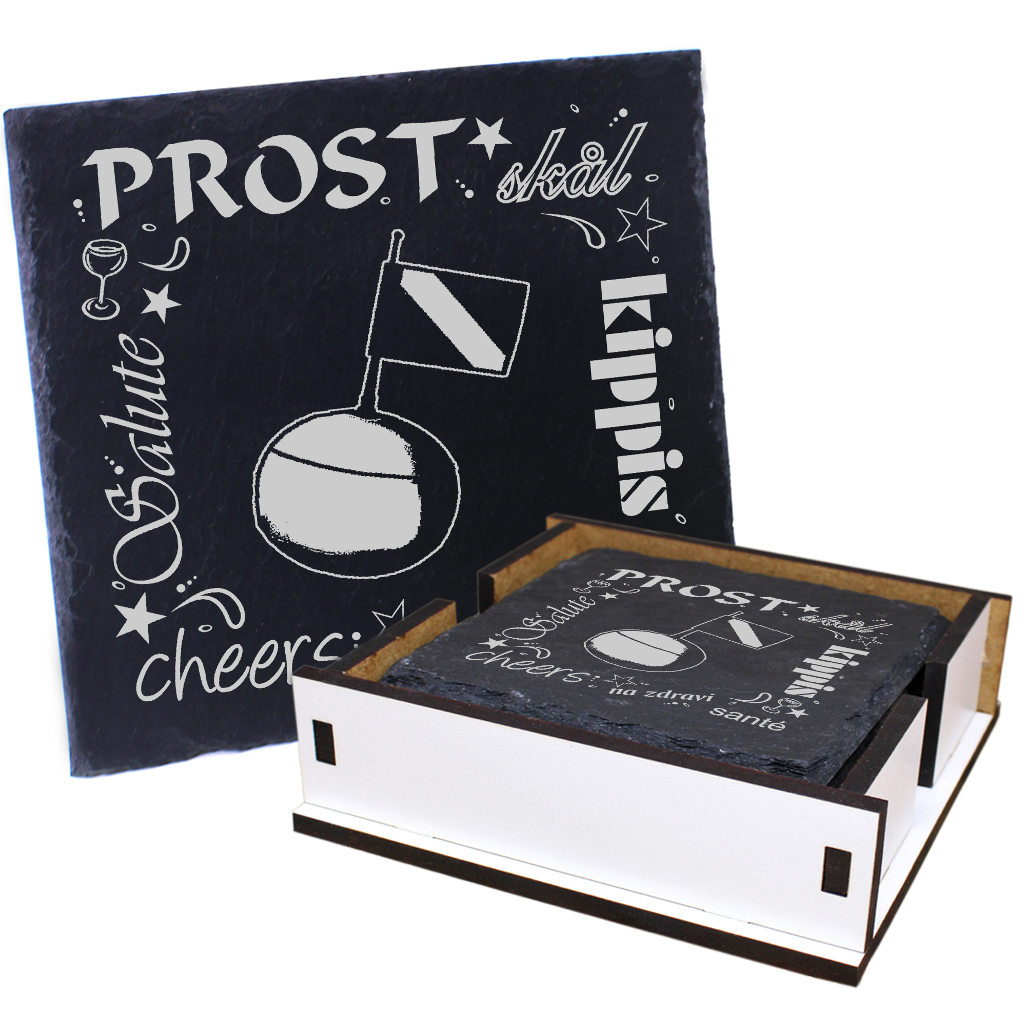 5 x Schiefer Untersetzer - Prost Boje - inkl. Holzbox & Flaschenuntersetzer