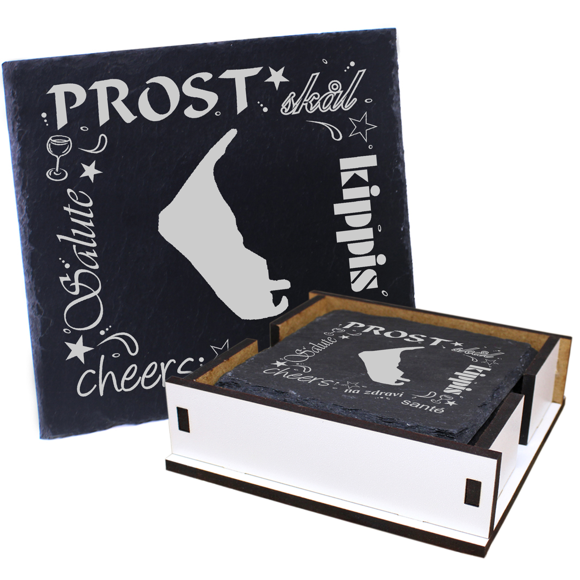 5 x Schiefer Untersetzer - Prost Insel Amrum - inkl. Holzbox & Flaschenuntersetzer