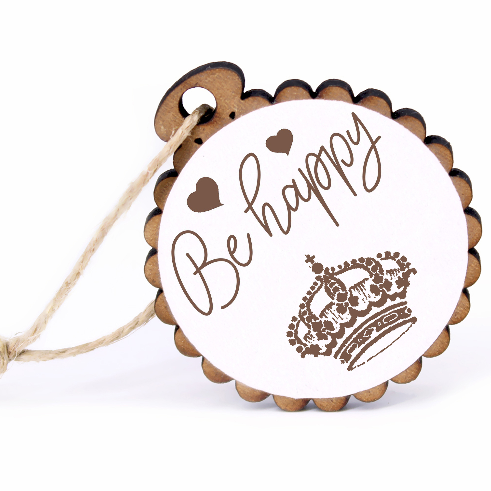 Geschenkanhänger - Be Happy Krone -  Holz Ø-5cm - mit Juteband
